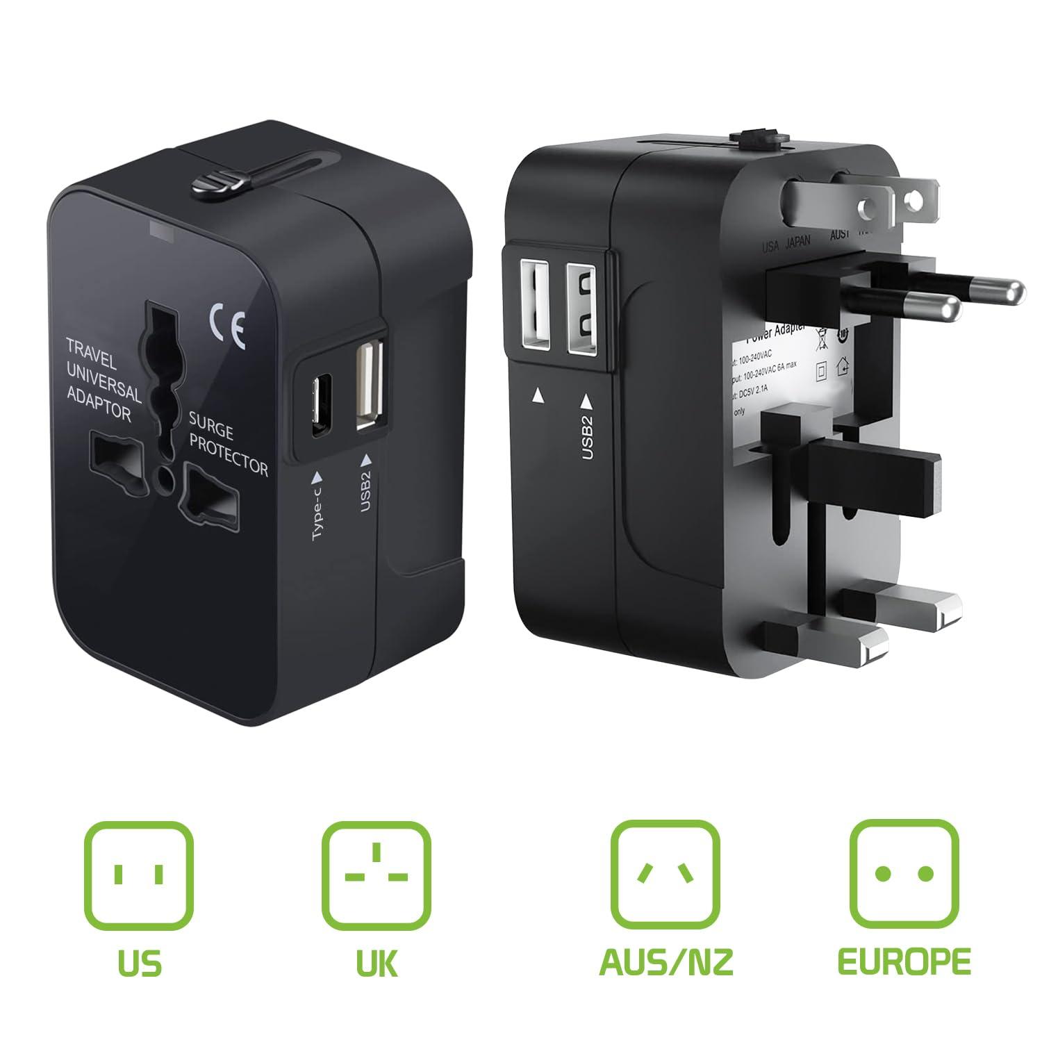 Cellet Portable Worldwide Universal Power Adapter Converter All in One International Wall Charger Plug for Wall Plug Input in USA EU UK France Italy Australia India Outlets (with USB-A and USB-C)