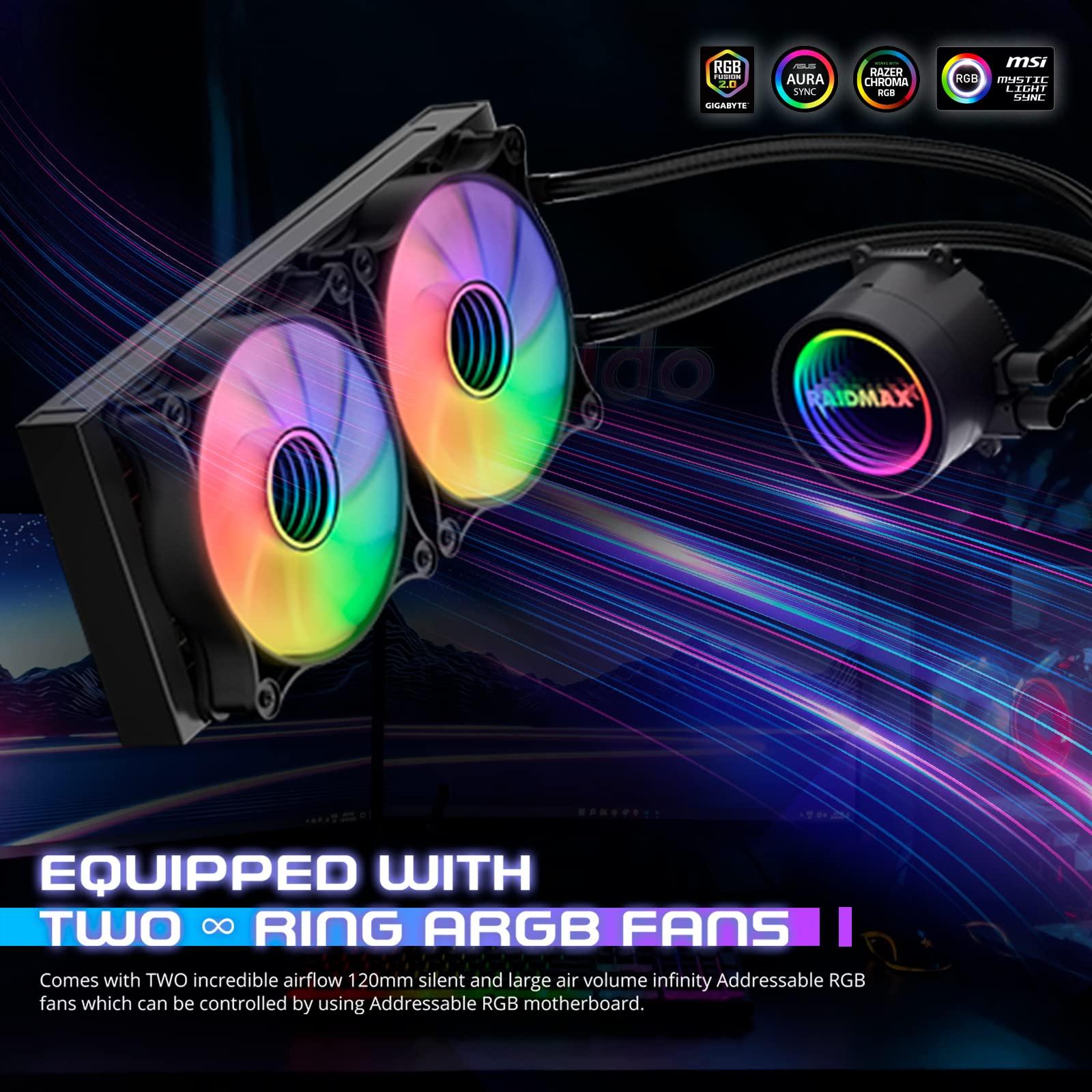 Raidmax Raidmax Liquid Cooler 240mm AIO Water Cooling System with 2 PWM ARGB Light Fans 12V Compatible with Intel i5, i7, i9 and AMD ryzen CPU Socket
