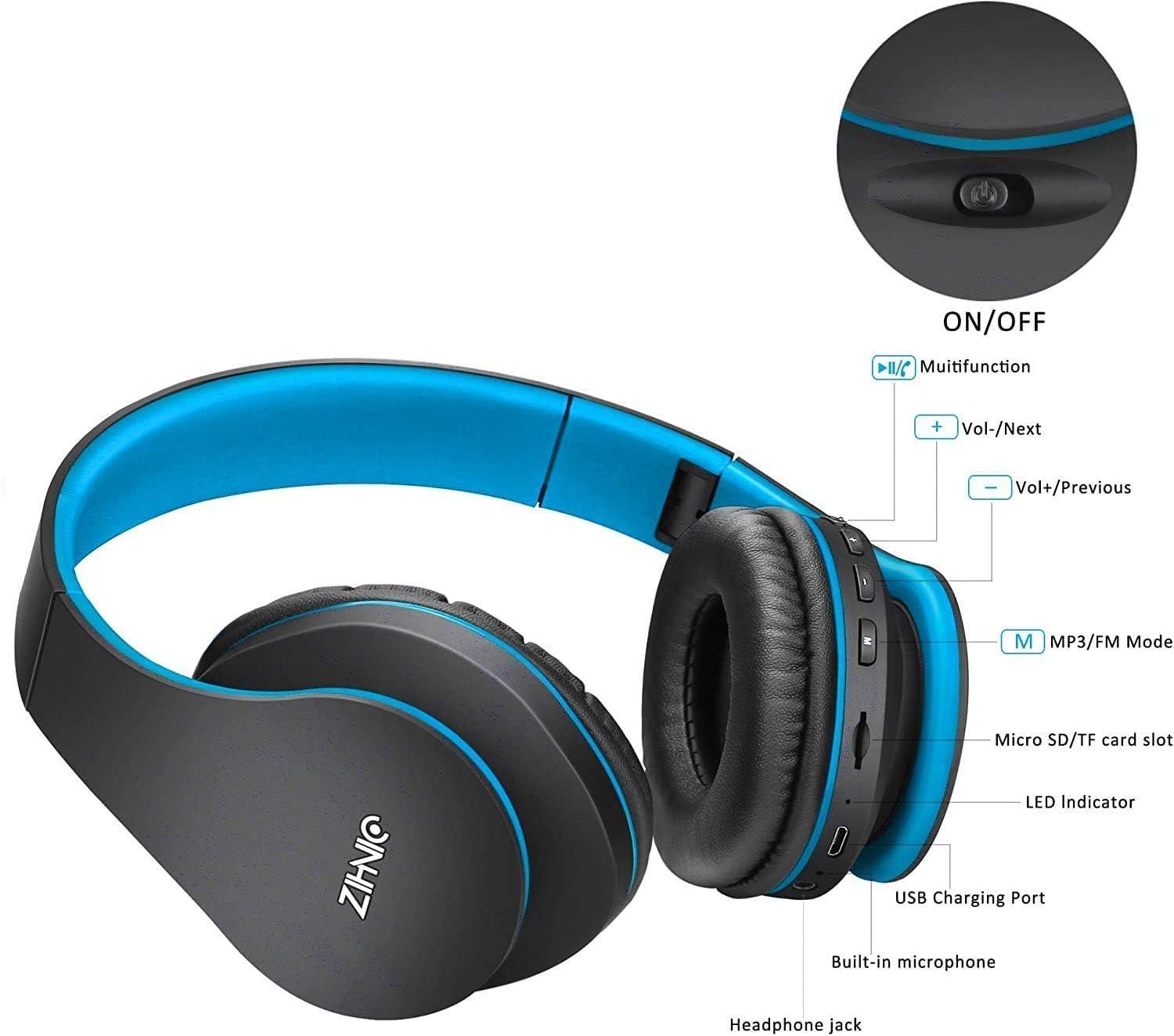 ZIHNIC ZIHNIC Bluetooth Headphones, Foldable Wireless and Wired Stereo Headset Micro SD/TF, FM for Cell Phone,PC,Soft Earmuffs &Light Weight for Prolonged Wearing (Black/Blue)