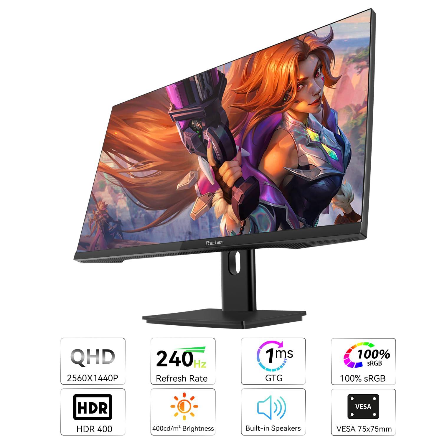 Prechen 27 Inch 2K 240Hz QHD 2560x1440P Gaming Monitor, 1ms, 400cd/m, 100% sRGB PC Screen, AMD FreeSync Premium Pro Compatible, 2X DispalyPort 1.4 & HDMI 2.0, Dual Built-in Speakers, VESA Supports, Black