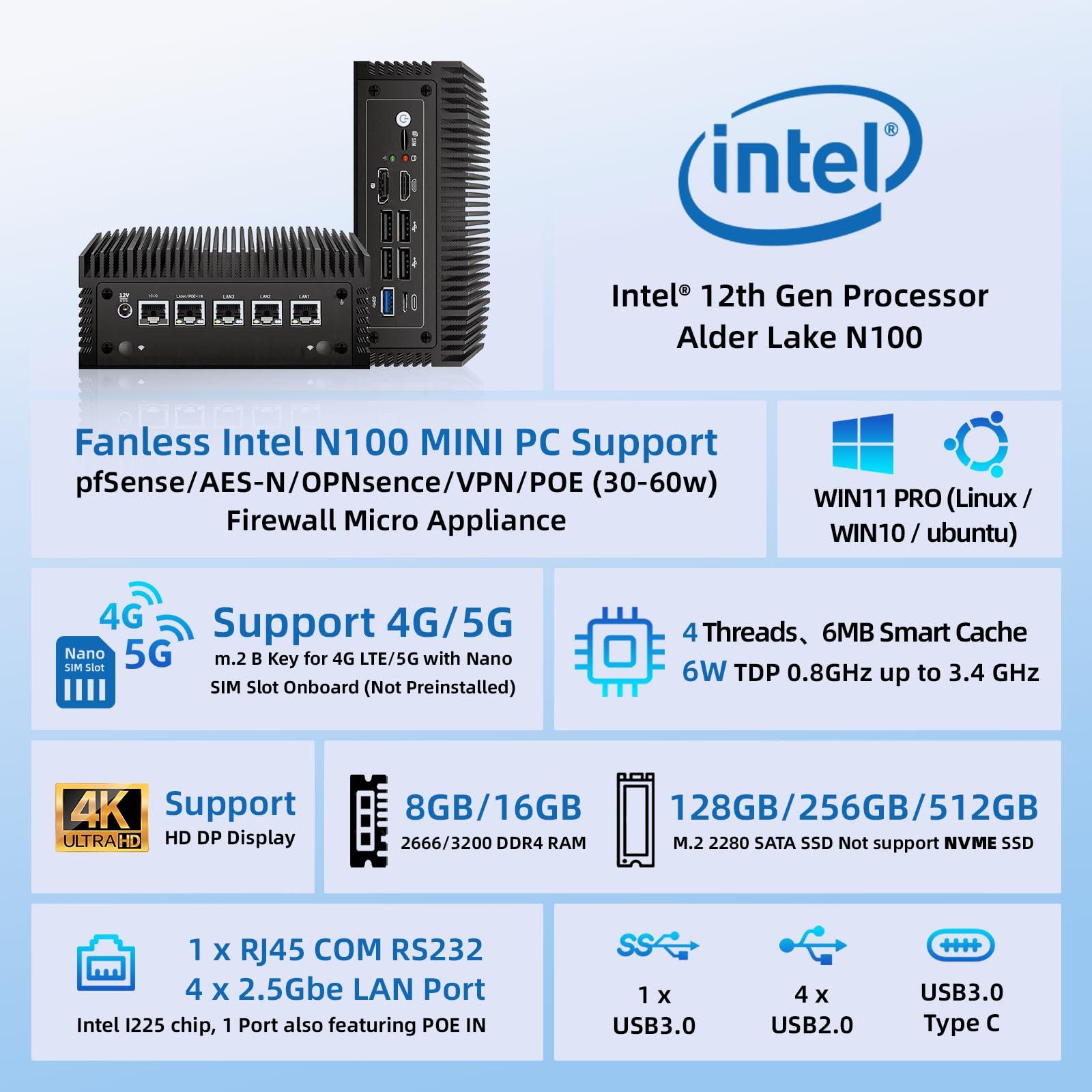 NEOSMAY Fanless N100 Industrial Mini PC Micro Firewall Appliance, 4 * 2.5Gbe i225 LAN Ports POE in Mini Computer 8GB DDR4 RAM 128GB SATA SSD, USB-C/5*USB/SIM Slot/HD+DP/Home Network Pfsense Router