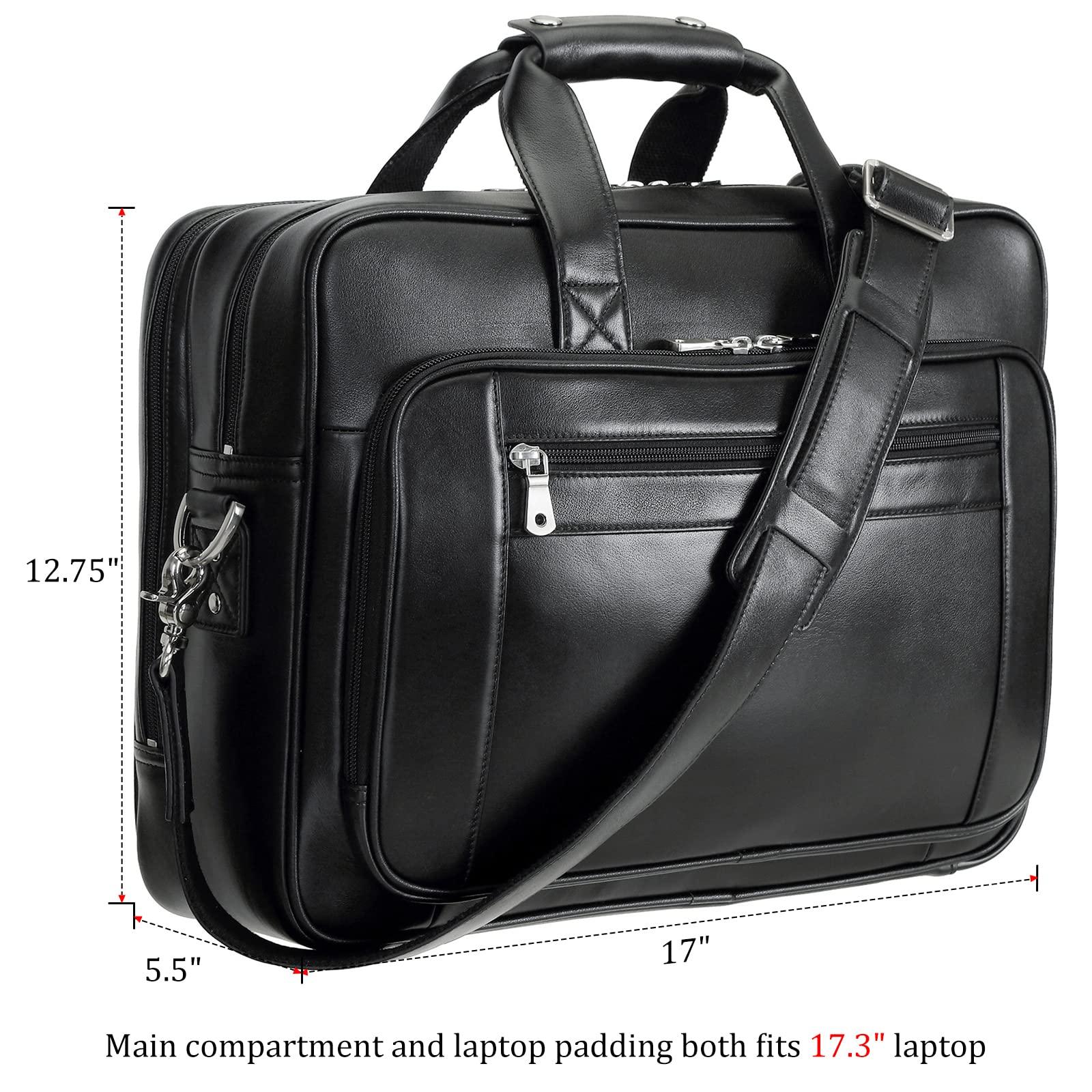 POLARE ORIGINAL Polare Napa Leather Laptop Briefcase - Business Travel Shoulder Bag for Men - Fits 17.3" Laptop (Black)