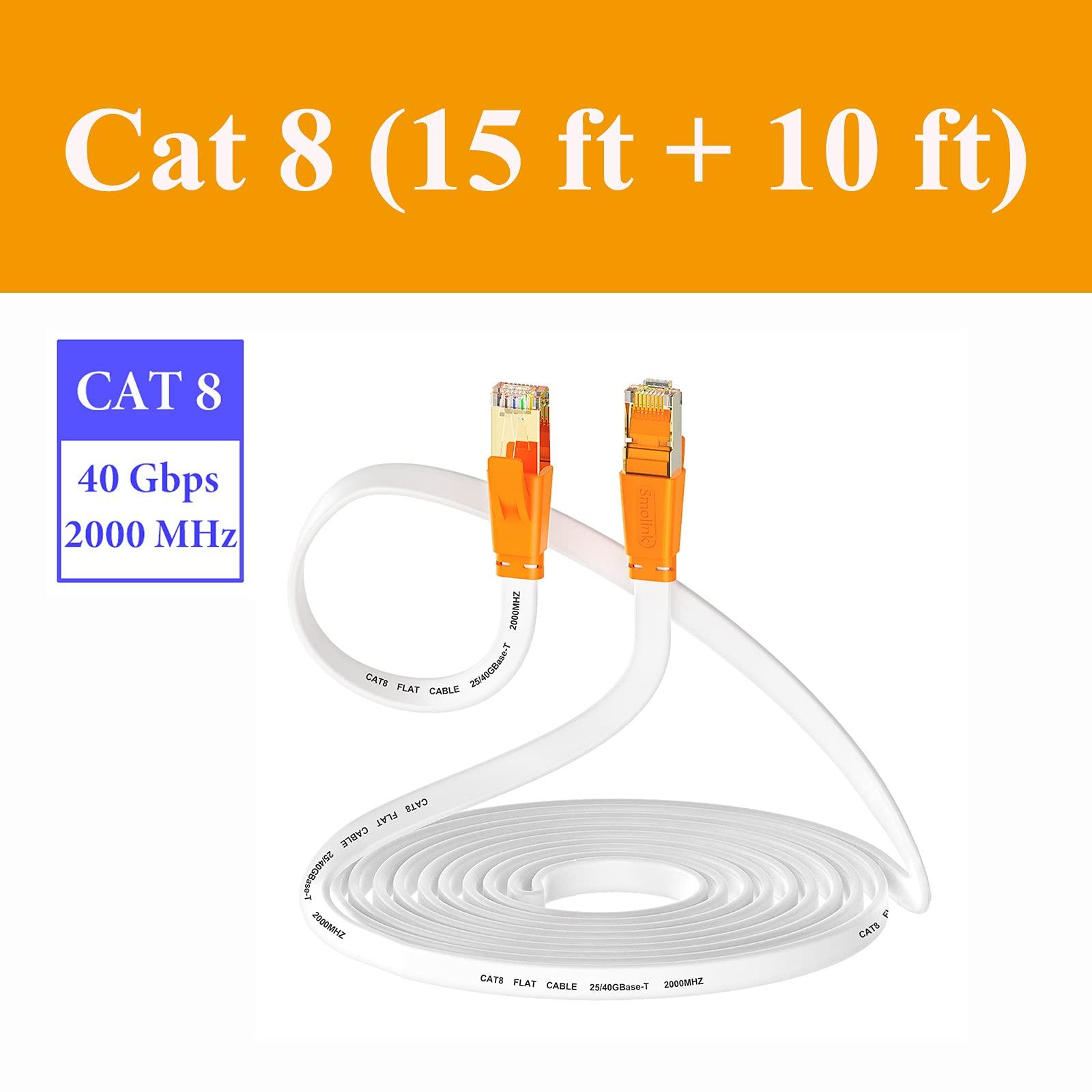 Smolink Cat 8 Ethernet Cable (15 ft + 10 ft), High Speed Flat Internet Network LAN Cable,Faster Than Cat7/Cat6/Cat5 Network,Long Durable Patch Cord with Gold Plated RJ45 Connector for Xbox,PS5,Router,Gaming