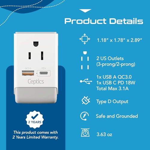 Ceptics Ceptics US to India Plug Adapter, Type D Plug Adapter QC 3.0 & PD, Safe Dual USB & USB-C 18W, India Plug Adapter Fast Charging - Powerful 2 USA Sockets - Use in Pakistan Nepal Sri Lanka - AP-10