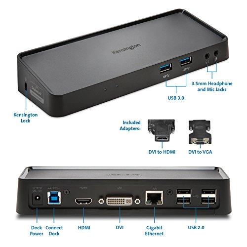 Kensington Kensington Universal USB3.0 Mountable Dual Display Docking Station for Windows, Mac, and Surface (Dual Video HDMI & DVI / VGA, 6 USB Ports, Gigabit Ethernet, Audio)