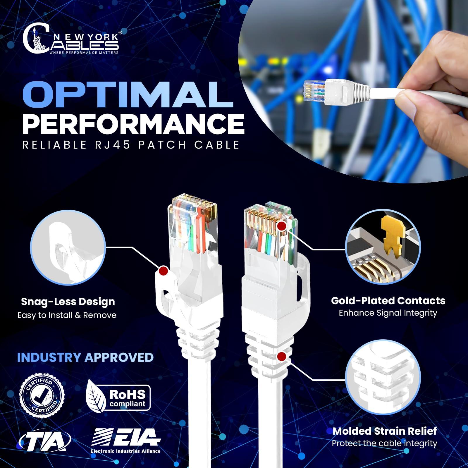 NewYork Cables NewYork Cables Cat6 Ethernet Patch Cable 10 ft (10 Pack), Snagless Cat6 Patch Cables for Data Centers, 10Gbps, 550Mhz Ethernet Cord, Bare Copper Network Patch Cables for Home and Enterprise -White