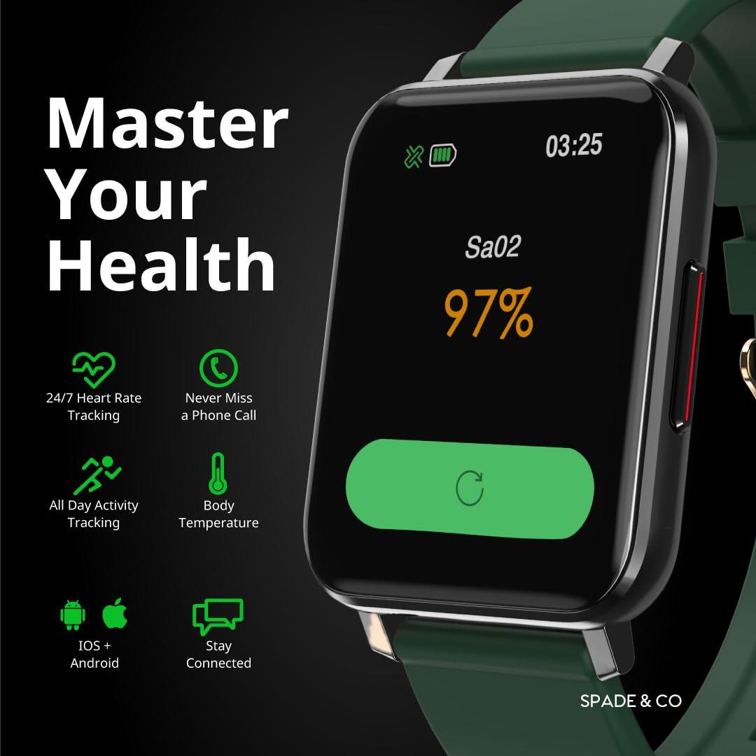 Spade & Co Spade & Co Health Smartwatch 2 - Health Fitness Tracker with Body Temperature, Blood Oxygen, Heart Rate Monitoring, Sleep Tracking, Text Call Alerts - Compatible with iPhone Android (Black)