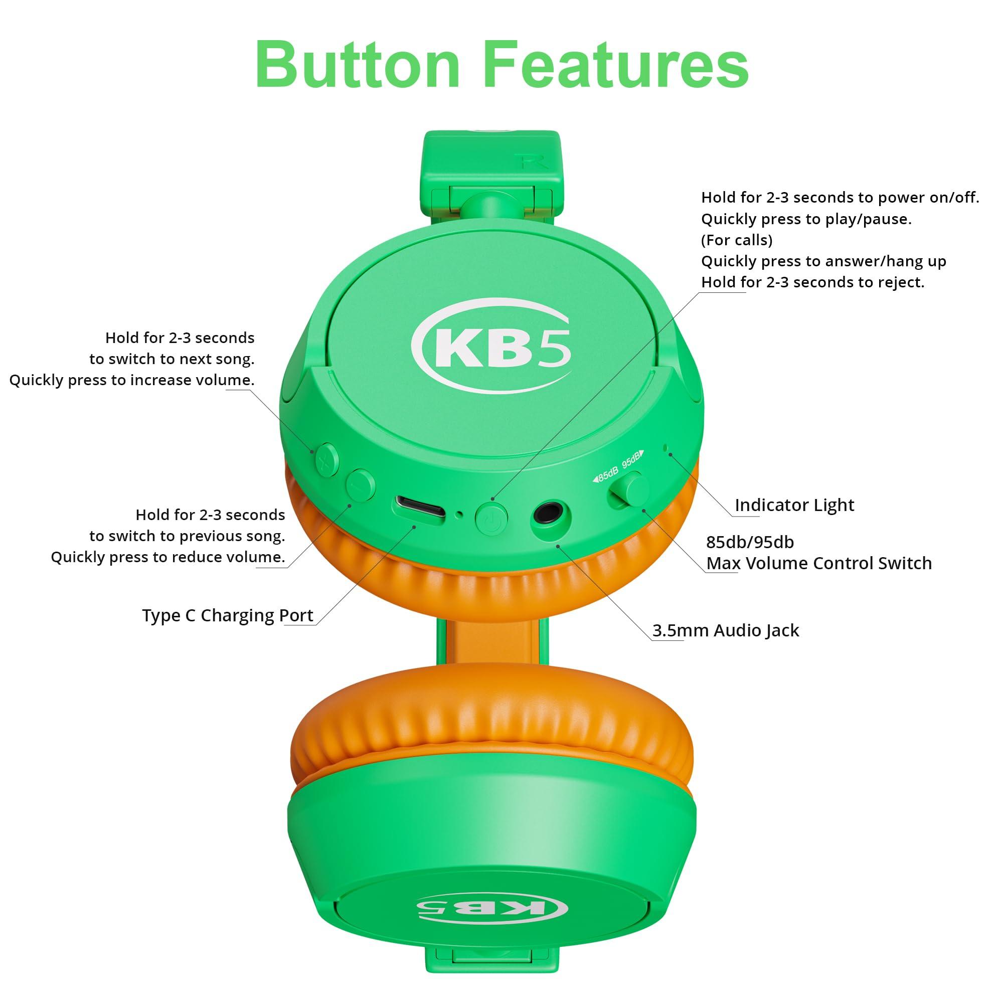 Contixo Contixo KB-5 Kids Headphones - Over The Ear Foldable Bluetooth Wireless Headphone for Kids - 85dB with Volume Limited - Toddler Headphones for Boys and Girls (Green+Orange)