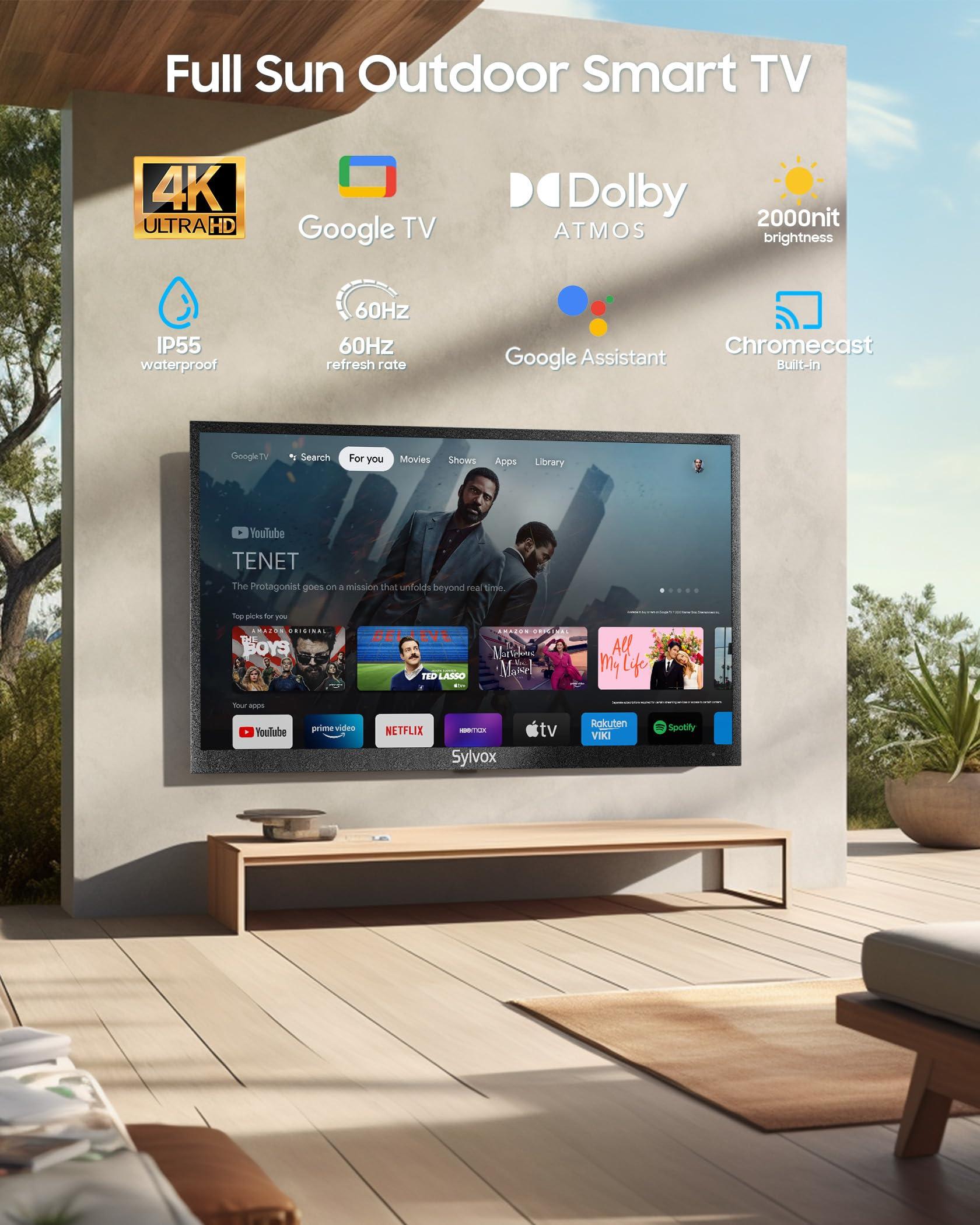 SYLVOX SYLVOX Outdoor TV, 43 inch Full Sun Smart Outdoor TVs, Weatherproof 2000 Nits High Brightness IP55 Waterproof, 4K TV for Outside WiFi Bluetooth Voice Assistant Chromecast (Pool Pro 2.0)