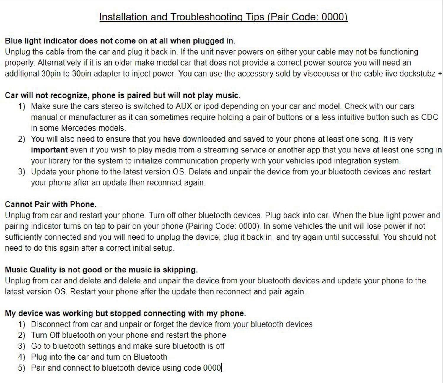 Bovee Bovee 1000 - Wireless Music Interface Adaptor Compatible with Audi, Mercedes, and Volkswagen car kit with 30 pin iPod Connector - Compatible with iPhone and Android