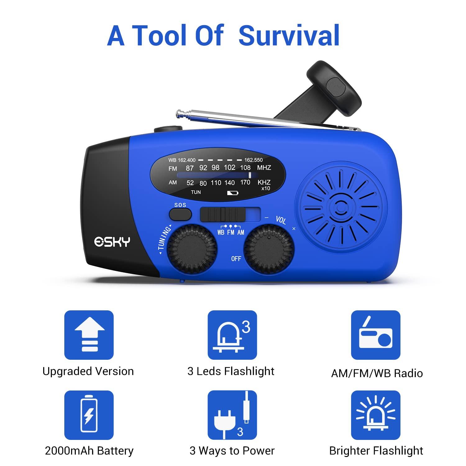 Esky Esky Emergency Hand Crank Radio with 3 LED Flashlight, AM/FM/NOAA Portable Weather Radio with 2000mAh Power Bank Phone Charger, Solar Powered USB Rechargeable Radio for Indoor Outdoor Camping, Blue