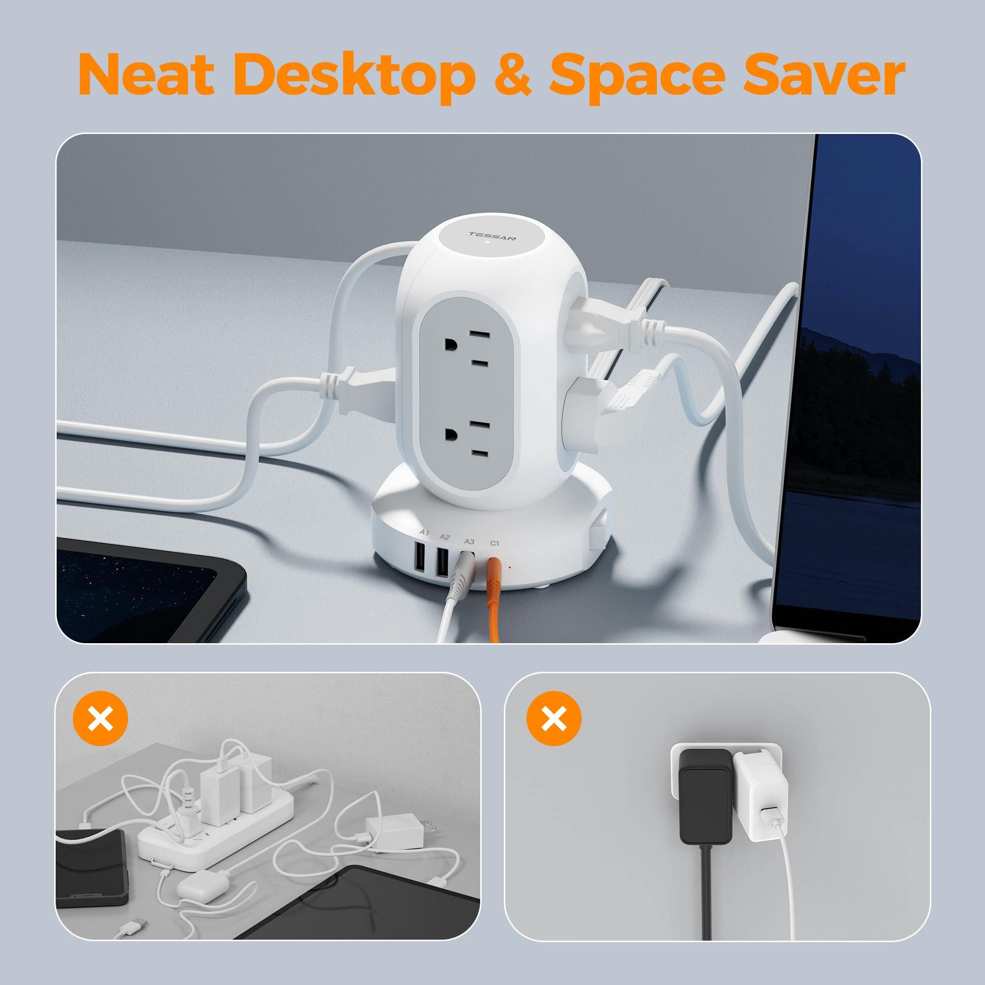 TESSAN Surge Protector Power Strip Tower, TESSAN Flat Plug Extension Cord 10FT with 8 AC Outlets 4 USB Ports (1 USB C), 1050J Protection Charging Station for Home, Office Supplies, Dorm Room Essentials