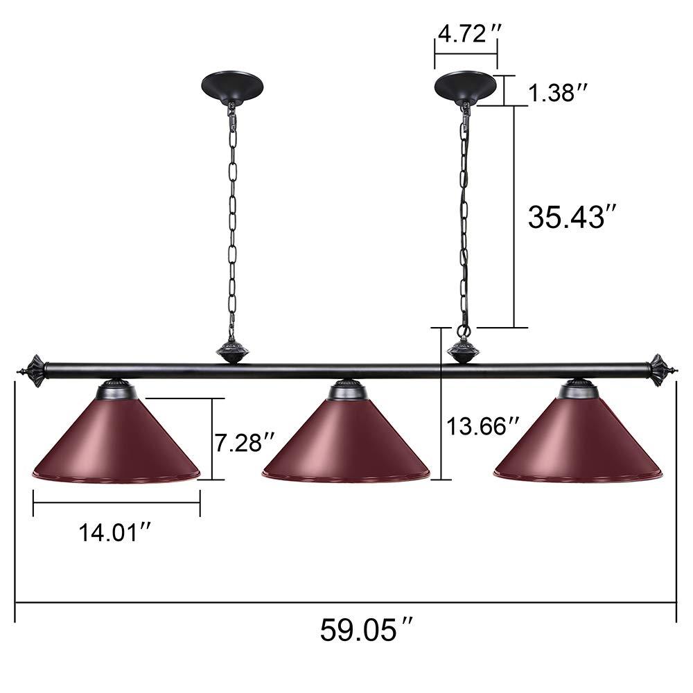 Wellmet Wellmet Pool Table Lights for 8'/9' Table with 3 Metal Shades, Billiard Lamp for Man Cave, Game Room, Kitchen Island Light for Restaurant Or Dining Room (Burgundy, 59 inch-3 Lights)