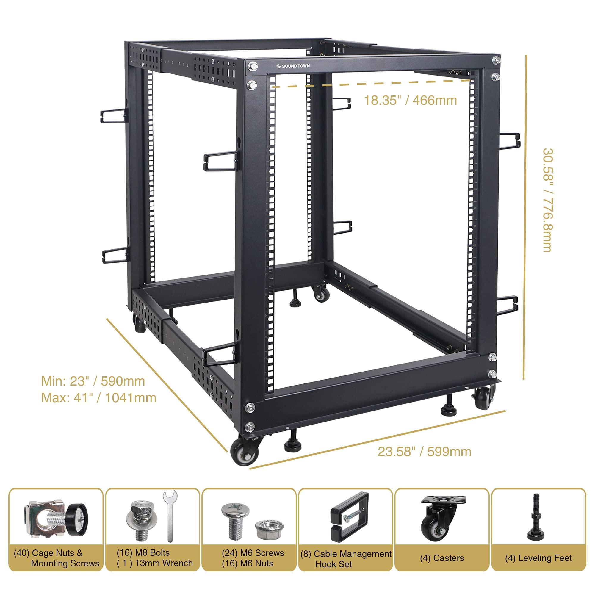 Sound Town Sound Town 4-Post 15U Open Frame Sever and Network Equipment Rack with Adjustable Depth 22"-40", Casters, Levelers, Cable Management (ST4POF-A15U)