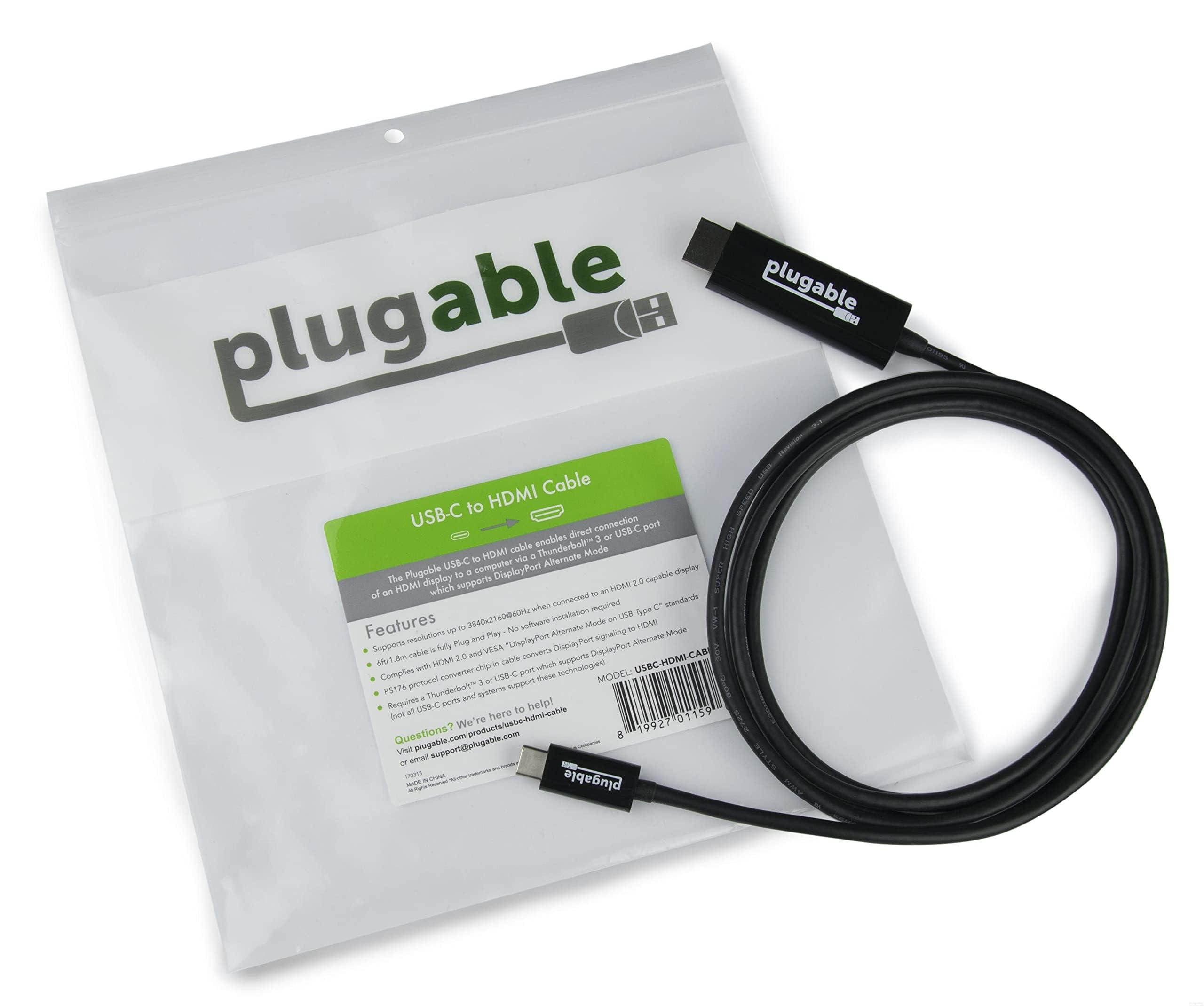 Plugable Plugable USB C to HDMI Cable 6ft / 1.8m, HDMI 2.0, USB4 / Thunderbolt Adapter for 4K Monitor, 4K 60Hz (USBC-HDMI-Cable) for iPhone 15, iPad Pro, MacBook Pro, Dell XPS, Surface Laptop - Driverless