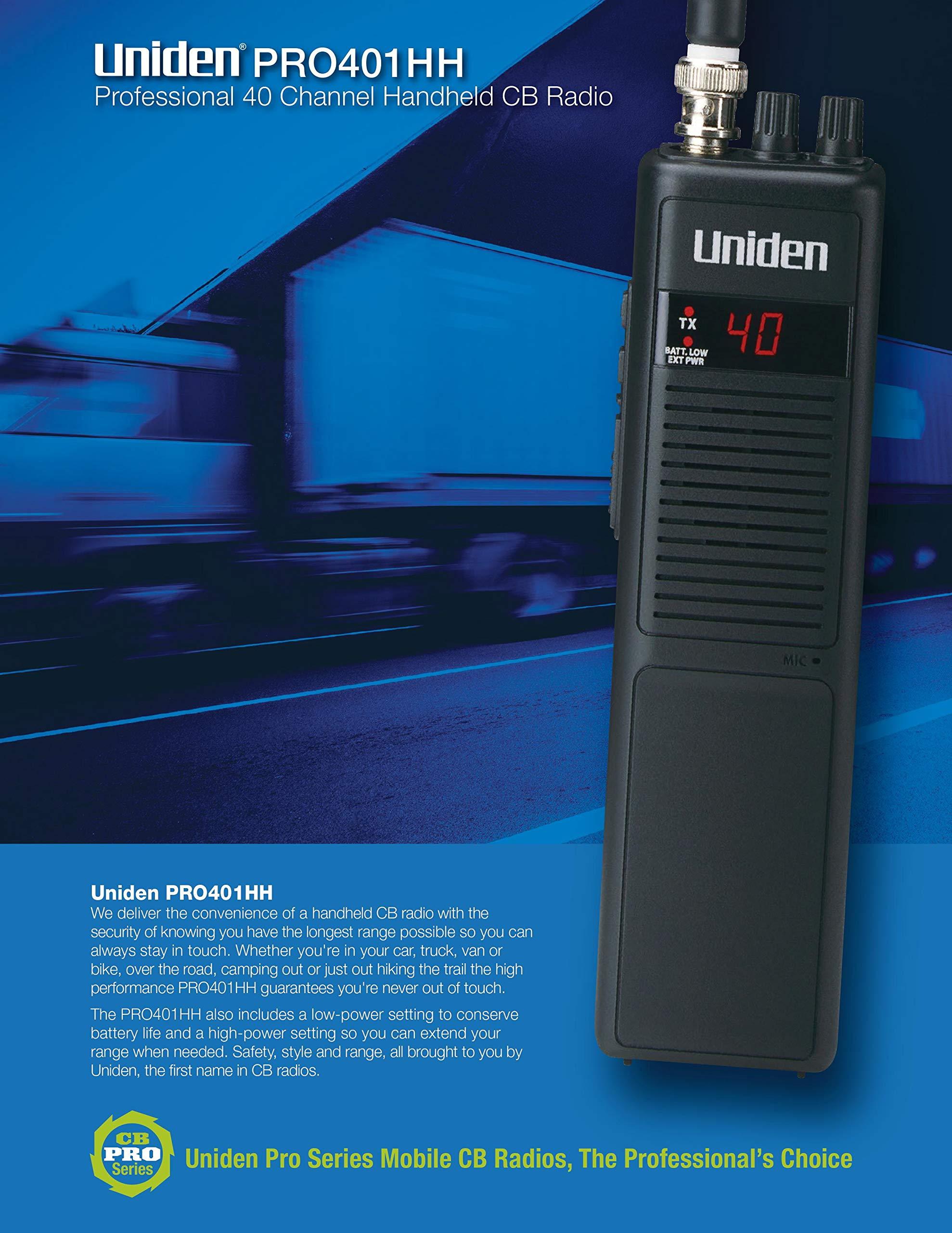 Uniden Uniden PRO401HH Professional Series 40 Channel Handheld CB Radio, 4 Watts Power with Hi/Low Power Switch, Auto noise cancellation, Belt Clip And Strap Included, 2.75in. x 4.33in. x 8.66in.