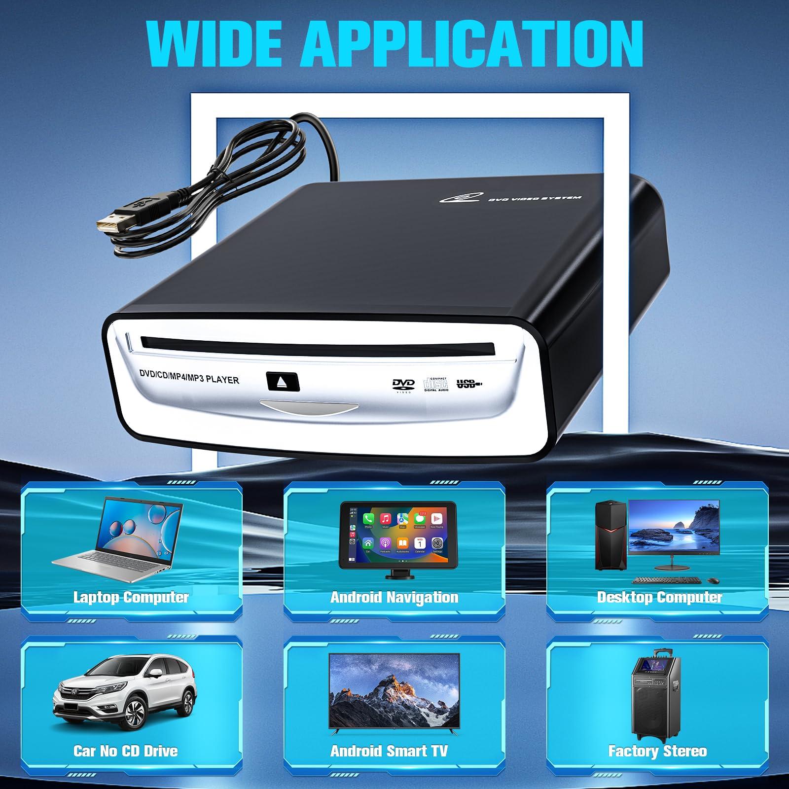 Carrkoopy CD Player for Car with USB & AUX Ports, Upgraded Portable External CD DVD Player for Car Laptop Desktop TV Mac Computer, with Extra USB Extension Cable