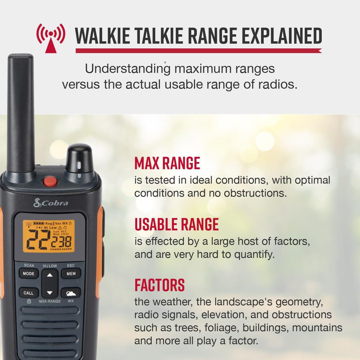 Cobra Cobra RX680 Walkie Talkies (2-Pack) - Rugged & Splashproof Two Way Radios Long Range, IP54 Water Resistant Design, 60 Pre-Programmed Channels, Weather Alerts, Included Charging Dock (Black/Orange)