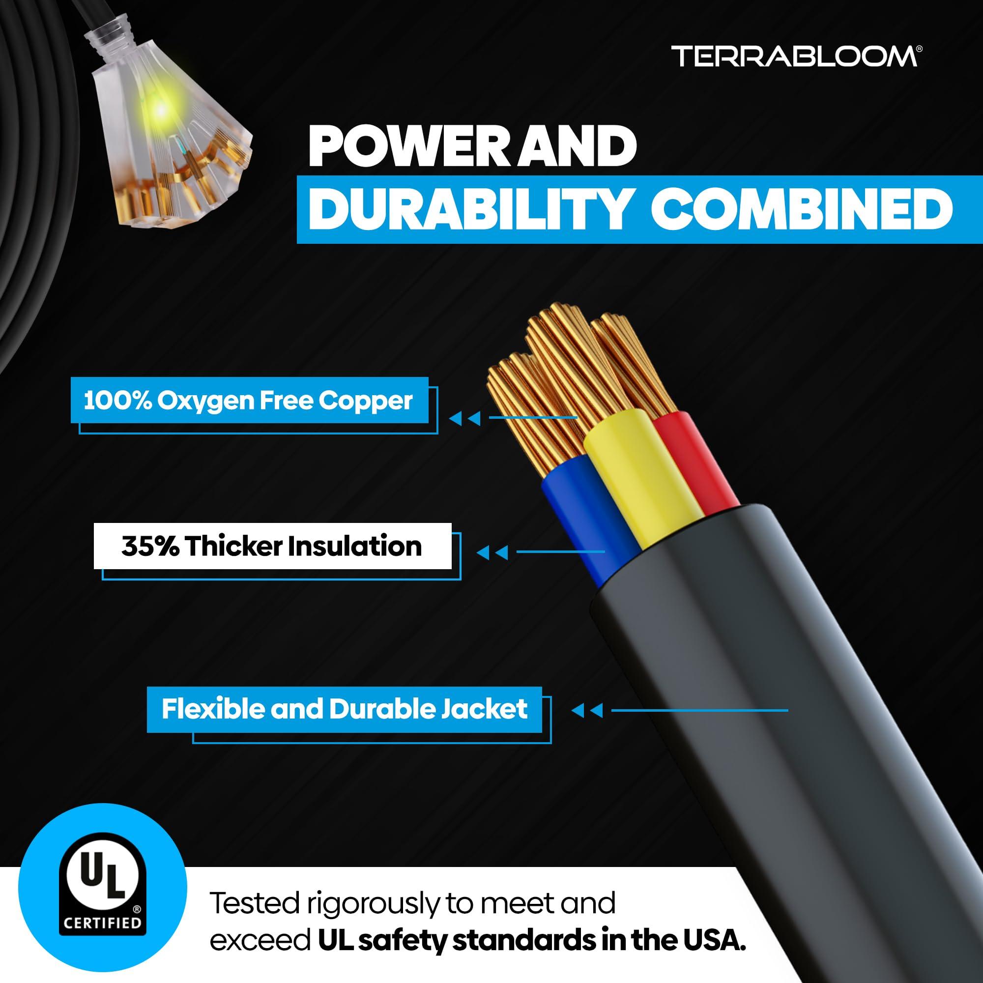 TerraBloom TerraBloom 14/3 Heavy Duty Extension Cord 50 FT Outdoor - Black Outdoor Extension Cord Multiple Outlet - Ultra-Flexible SJEOW Rubber, Light Indicator, Triple Outlet for Maximum Efficiency - 15 Amp