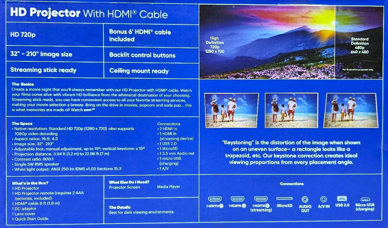 ONN Onn. HD 1080p LCD Home Theater Projector, Streaming Ready, 6' HDMI Cable, 5 Watt Speaker, Remote, 32" - 210" image size, Supports HDMI/USB/MicroSD/AV, Indoor & outdoor use - 100096801 (Renewed)