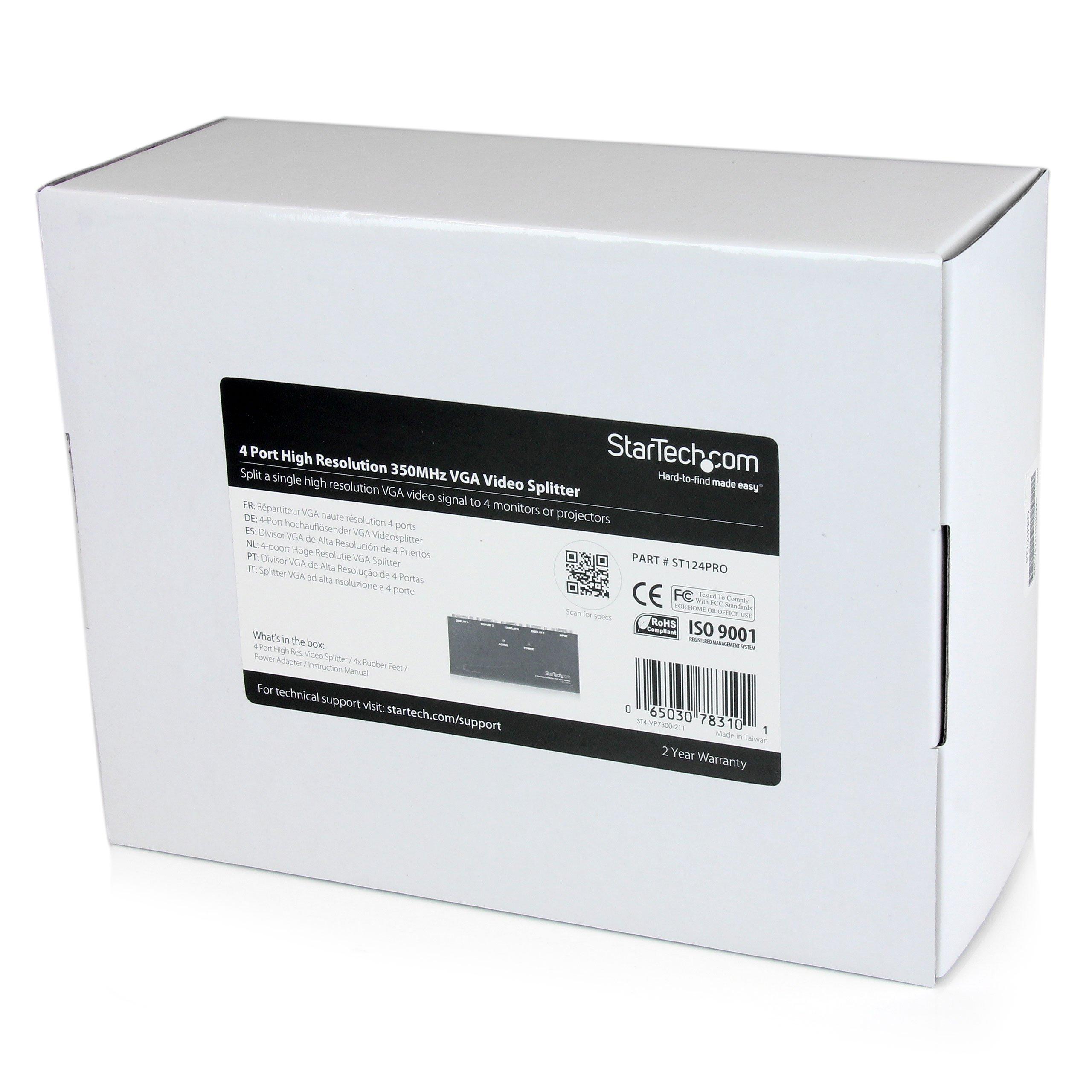 StarTech StarTech.com 4-Port VGA Video Splitter - 300 MHz- VGA Splitter - 4 port - 2048x1536 , TAA @ 80Hz (ST124PRO)