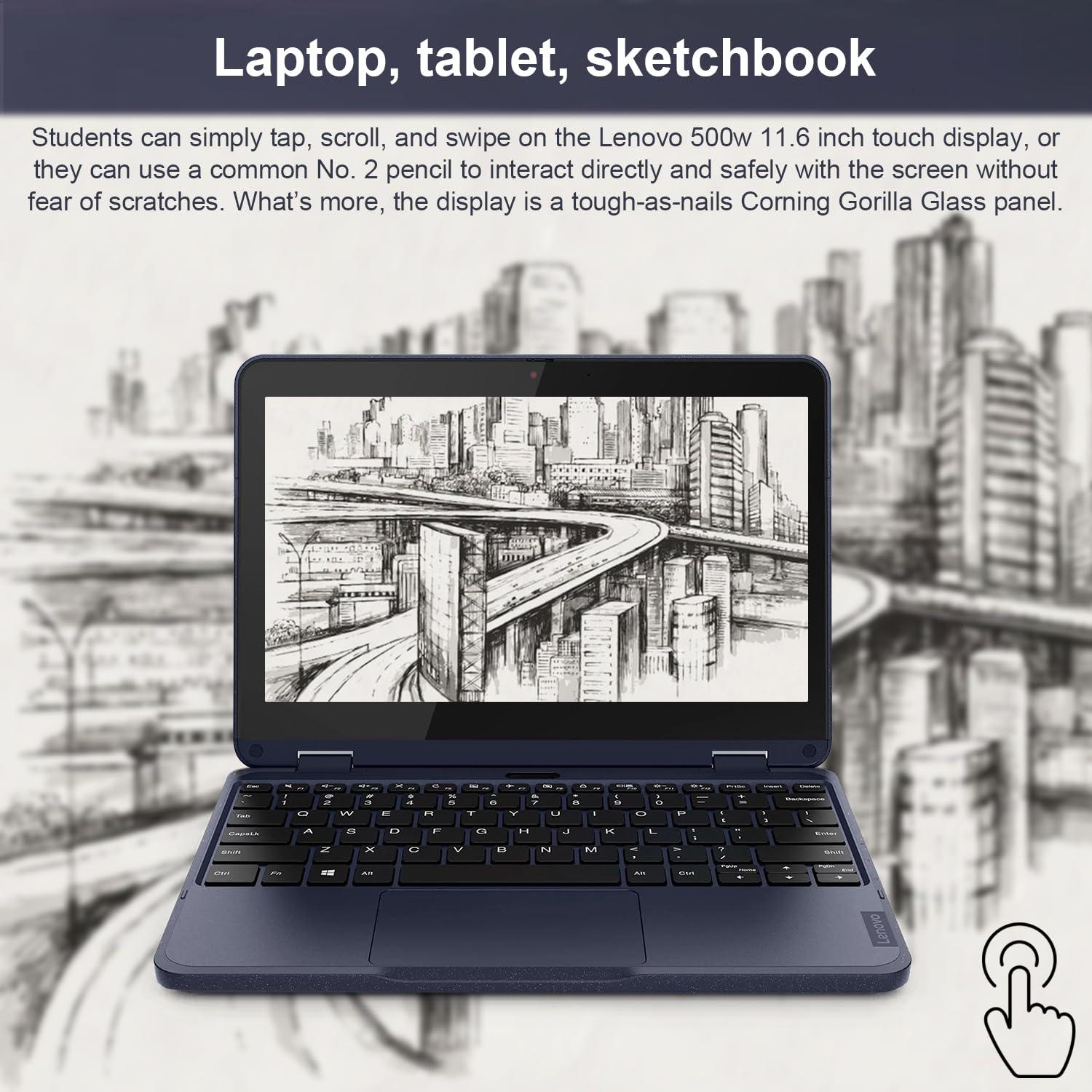 Lenovo Lenovo 500w Gen 3 Student 2-in-1 Laptop, 11.6" HD Touchscreen, Intel Pentium Silver N6000, 8GB RAM, 128GB SSD, HDMI, Webcam, MicroSD Card Reader, Touchpad, Wi-Fi 6, Windows 11 Home, Black