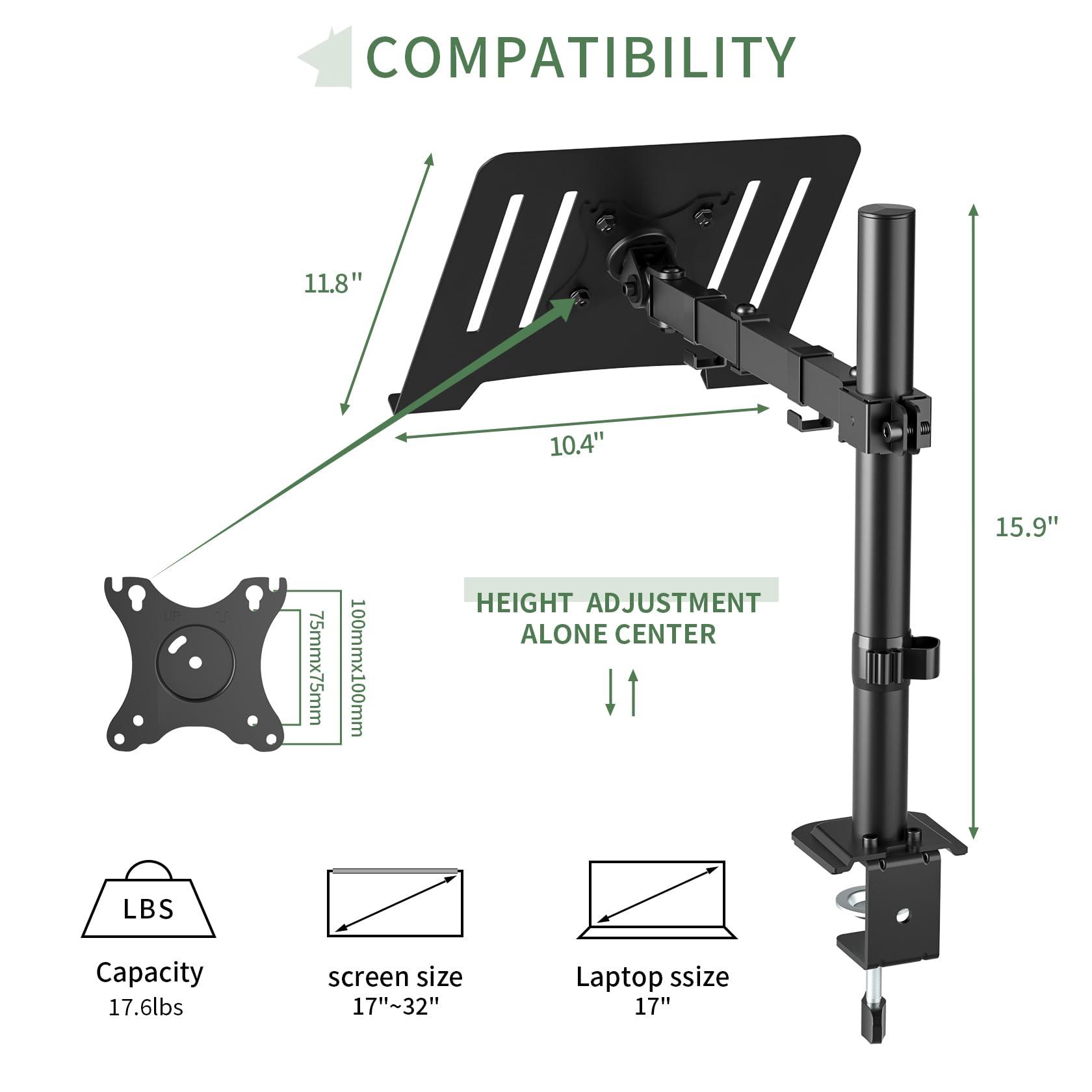 UPGRAVITY UPGRAVITY Laptop Desk Mount, Single Laptop Stand Arm with Vented Tray for 17 inch Notebook or 14-32 Monitor, Holds up to 17.6 lbs, Fully Adjustable, Clamp/Grommet Mounting, VESA 75/100mm