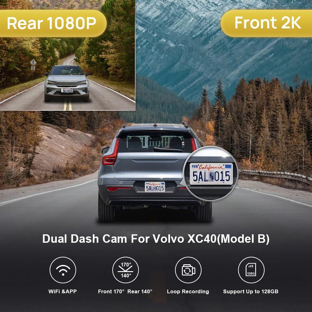 FITCAMX Fitcamx 2K Dual Dash Cam Suitable for Volvo XC40 & XC40 Recharge B4 B5 T4 T5 P8 (Model B), OEM Style, Front 1440P+Rear 1080P HD Video, Loop Recording, WiFi & APP, G-Sensor, Easy to Use, 64GB Card