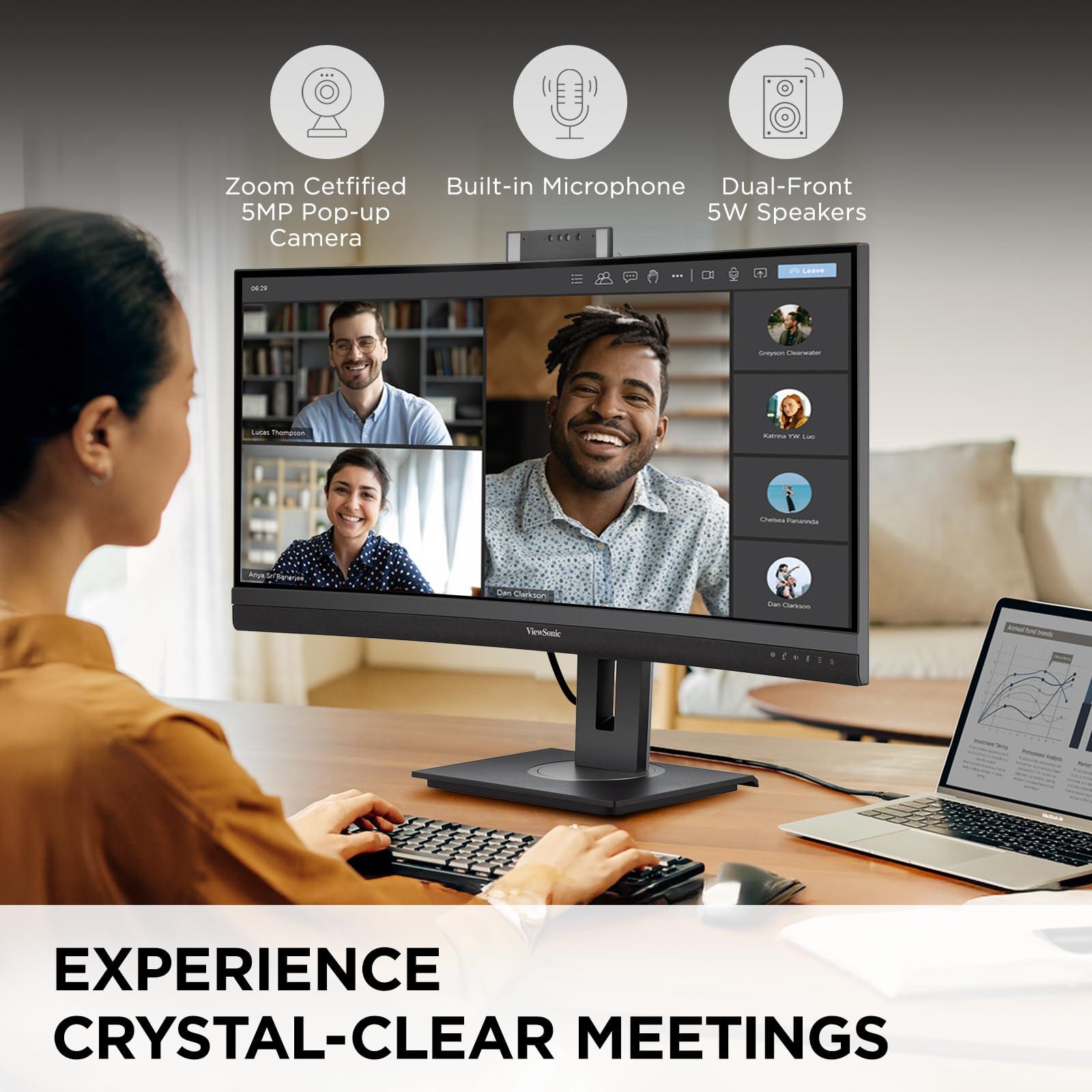 ViewSonic ViewSonic VG3457CV 34 Inch Ultrawide QHD 1440p Curved Video Conferencing Docking Monitor with Windows Hello Compatible IR Webcam, Advanced Ergonomics, and 100W USB C for Home and Office