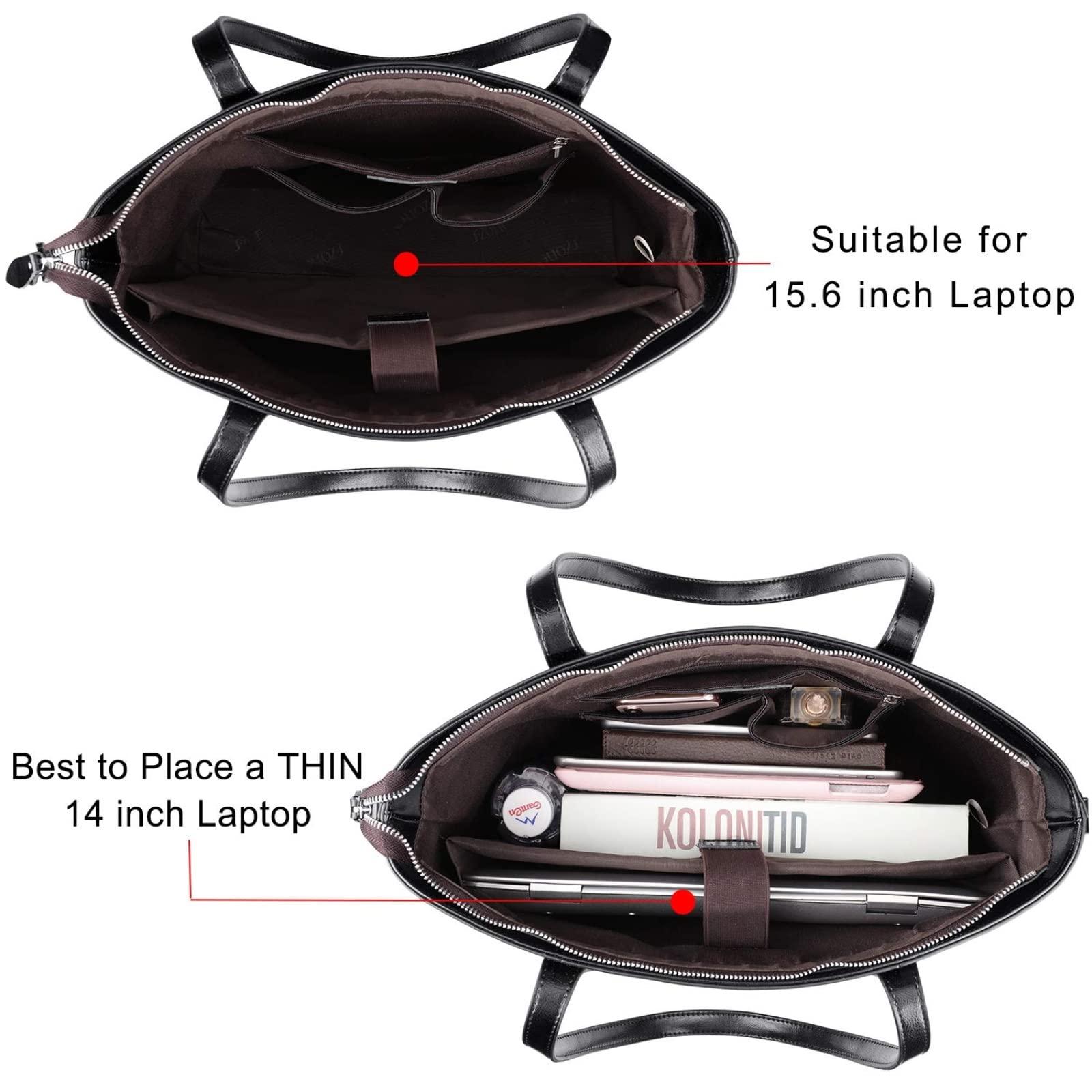 S-ZONE S-ZONE Leather Tote Bag for Women Office Shoulder Handbag 15.6 Inch Work Laptop Briefcase (Black)