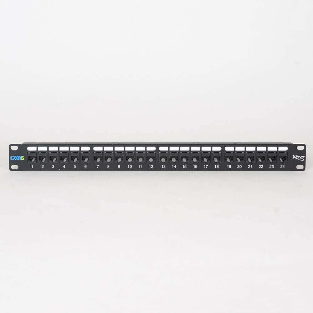 ICC ICC CAT6 Feed-Through Patch Panel with 24 Ports, 1U Horizontal Rackmount, No Punch Down, RJ-45 to RJ-45 Connections, TIA-Rated, PoE++ and TAA Compliant, Black