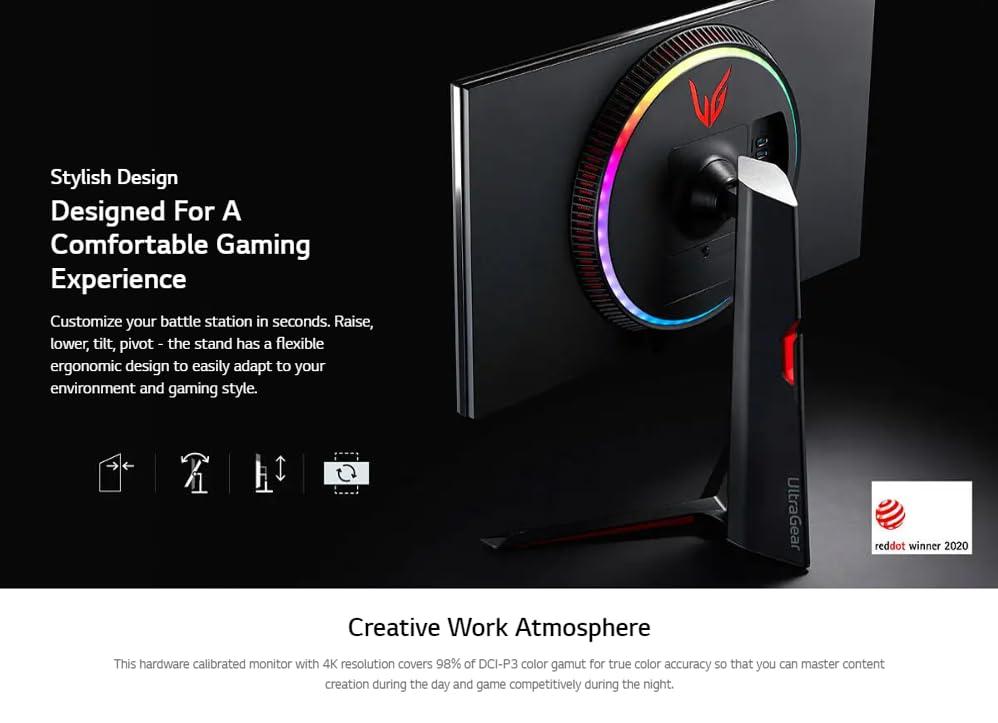 LG LG 27gn950-b | 27 Inch 4K UHD (3840 x 2160) | Nano IPS | 144Hz | AMD FreeSync Premium Pro, G-SYNC Compatibility | Tilt/Height/Pivot Adjustable Stand