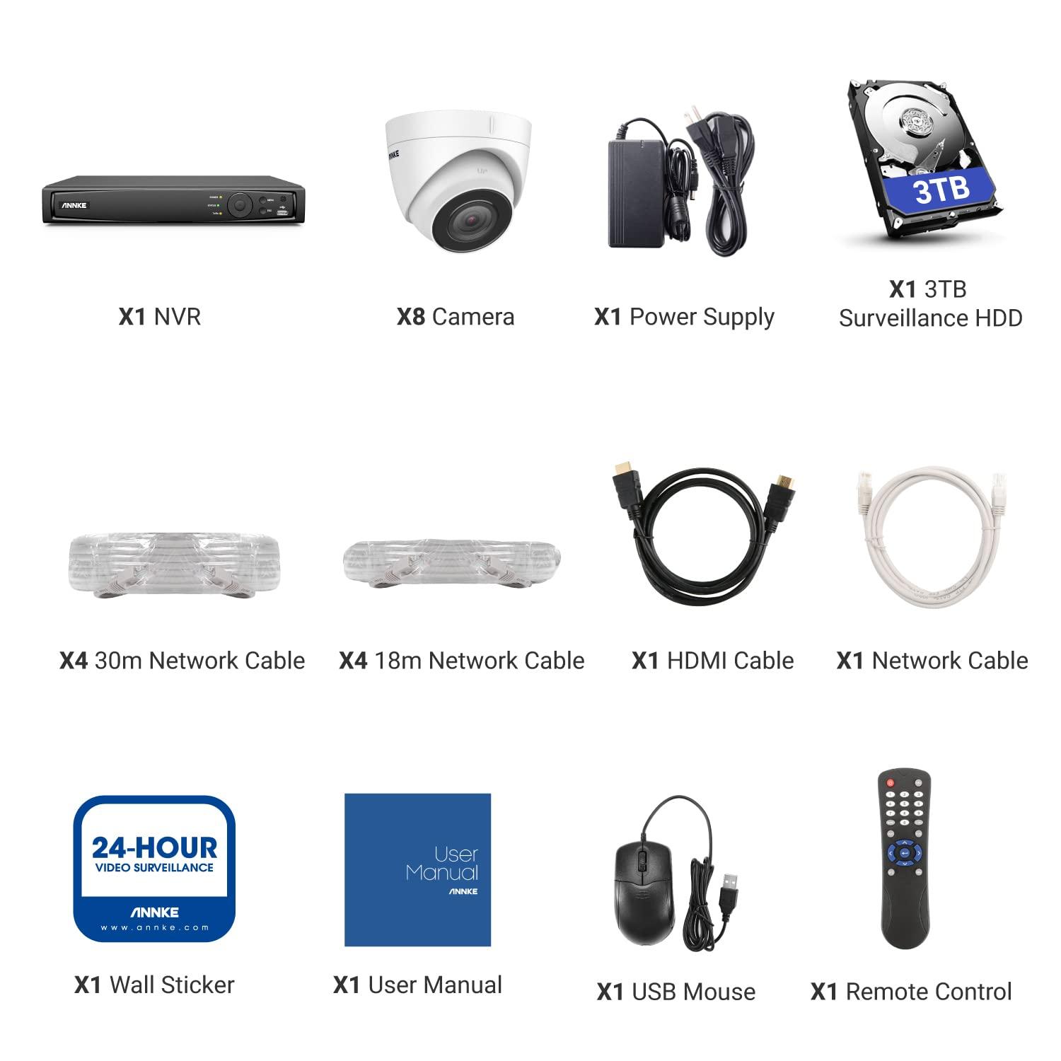 ANNKE ANNKE H800 PoE Security Camera System, 8 Channel H.265+ UHD 4K PoE NVR with 8 x 8MP (2160P) Outdoor Surveillance IP Cameras, Audio Recording, 120dB WDR & 3D DNR, 100ft Night Vision, 3TB HDD Included