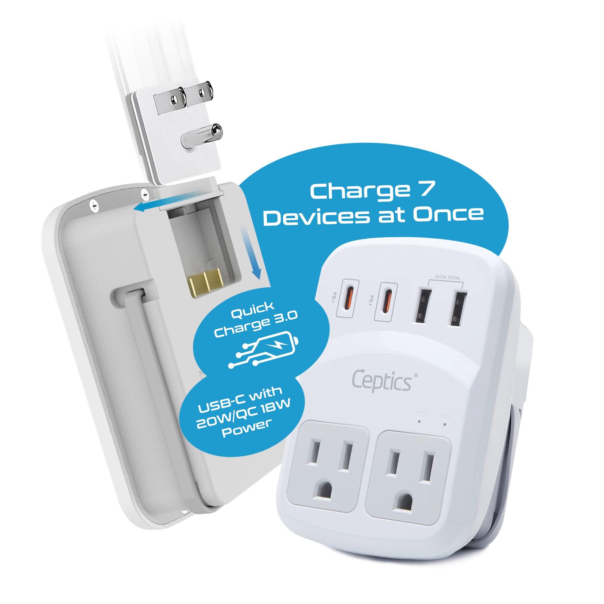 Ceptics Ceptics World Travel Adapter Kit 2 USB-A, USB-C US Outlets, 20W/QC 18W Power Delivery, Surge Protection, SWADAPT Compatible for Europe, UK, China, Australia, Japan Perfect Laptop (WPS-5B)