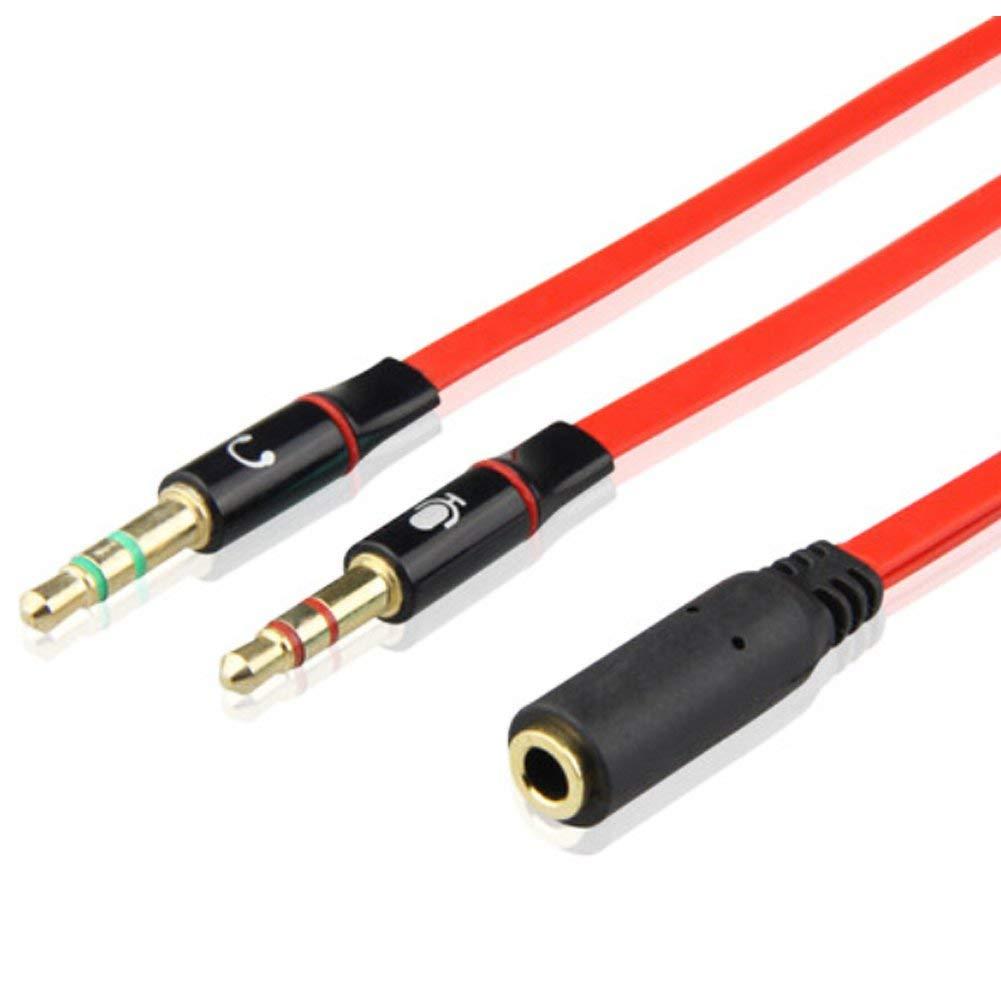 ISAIBELL Terasako 3.5mm Female to 2 Male Gold Plated Headphone Mic Audio Y Splitter Flat Cable(Red.)