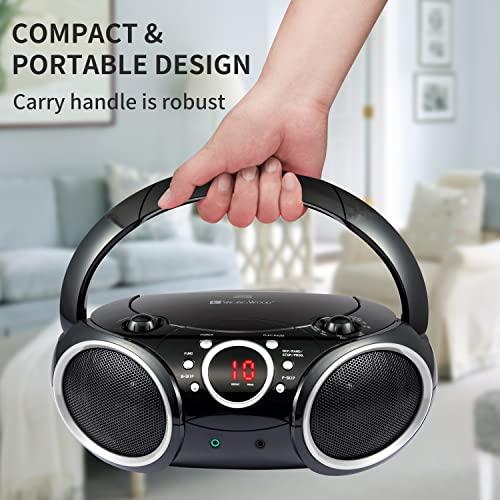 SINGING WOOD SINGING WOOD 030C Portable CD Player Boombox AM FM Analog Tuning Radio, Aux Line in, Headphone Jack, Foldable Carrying Handle (Black with a Touch of Grey Rims)