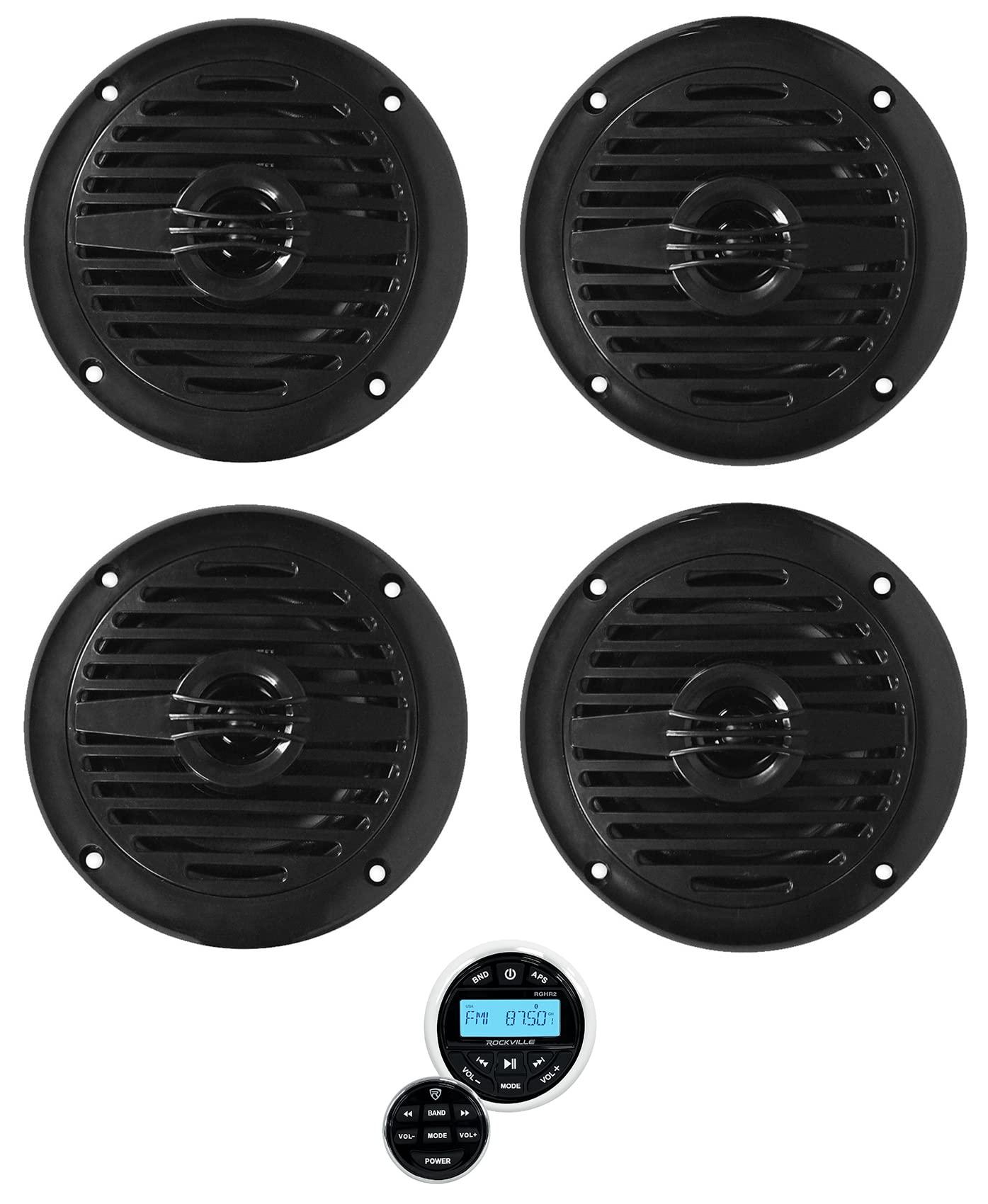 Rockville (1) Rockville RGHR2 Marine Gauge Hole Receiver w Bluetooth USB, Radio + Wired Remote Bundle with (4) Rockville MS40B Black 4\" 200 Watt Marine Boat Speakers Compact and Powerful (5 Items)