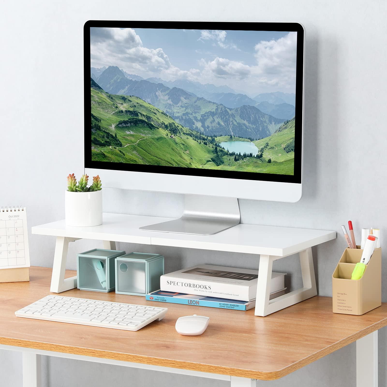 TEAMIX TEAMIX 24 inch Monitor Stand Riser, White Wood & Steel Computer Monitor Stand with Storage, Laptop, PC, Printer Stand Riser for Desktop Office Desk Organizers