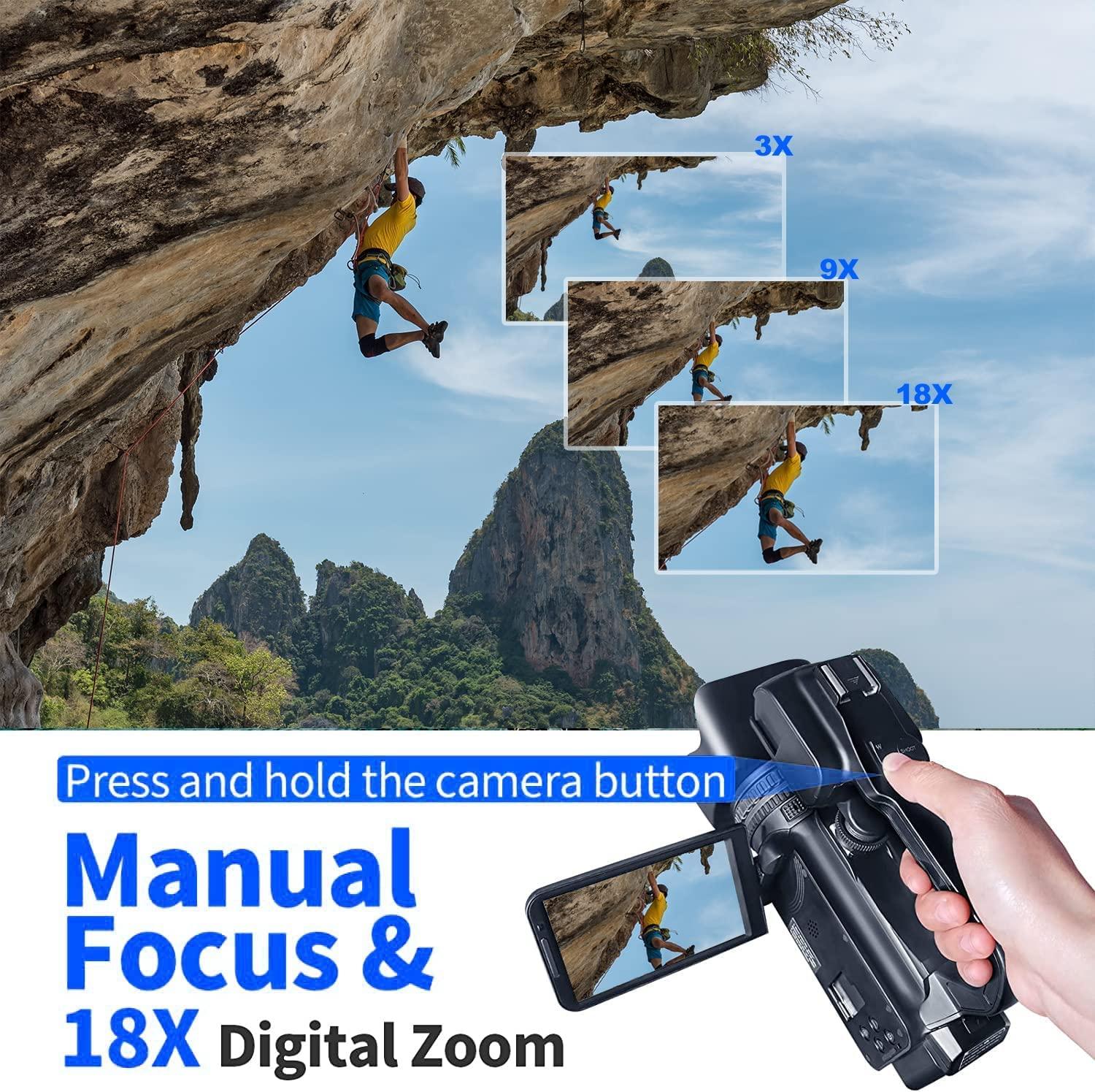 eDealz eDealz 4K 64MP Video Camera Camcorder Vlogging Camera for YouTube 60FPS 18X Zoom Video Camera, WiFi, Webcam, External Mic, 2 64GB SD Cards, 50" Tripod, Case, Card Reader, Dual Charger, Remote Control