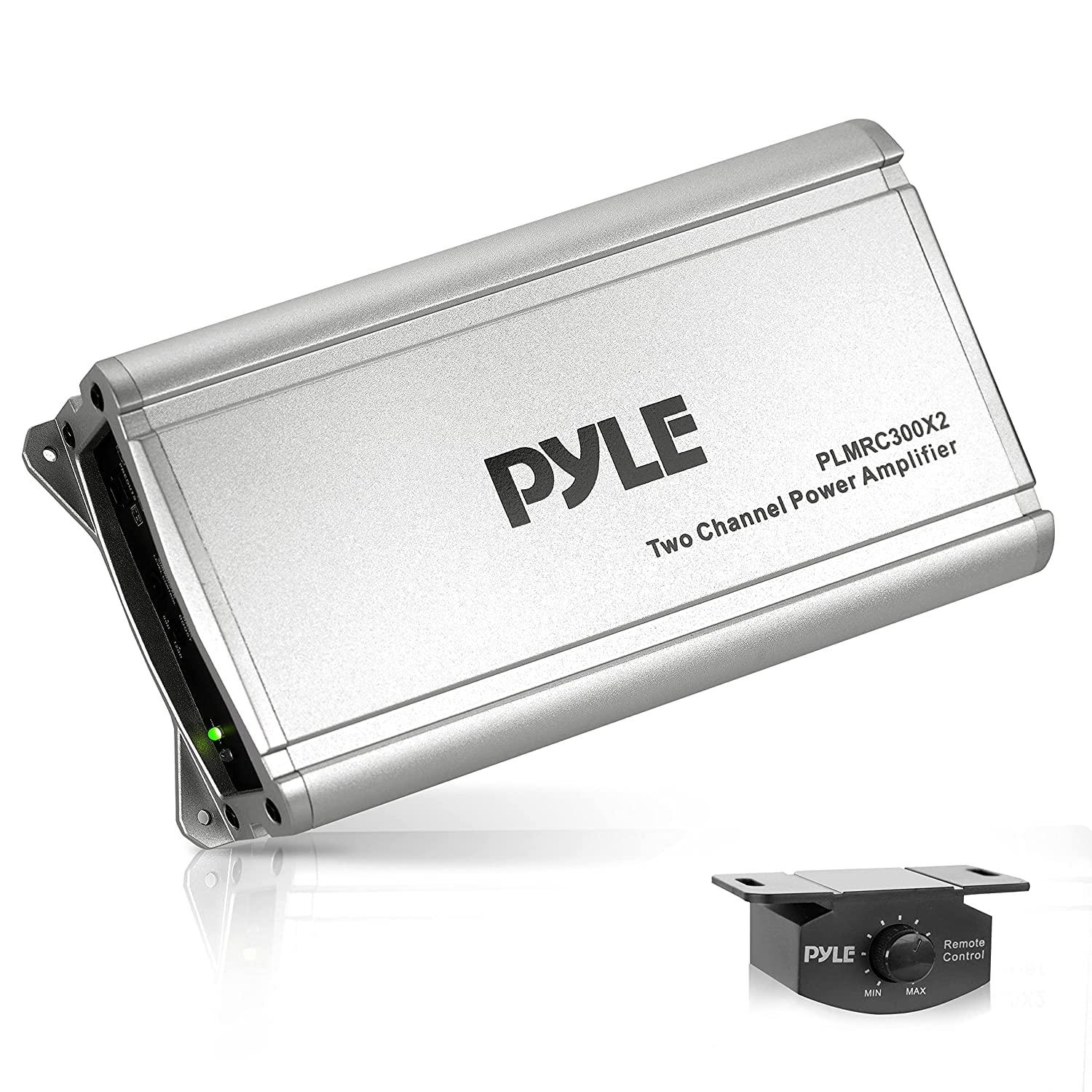 Pyle Pyle PLMRC300X2 600 Watt Peak Power 2-Channel Weather Resistant Class D Compact Amplifier with Wireless Waterproof-Rated BT Audio Controller and 8 Gauge Marine Gauge Stereo Wiring Installation Kit