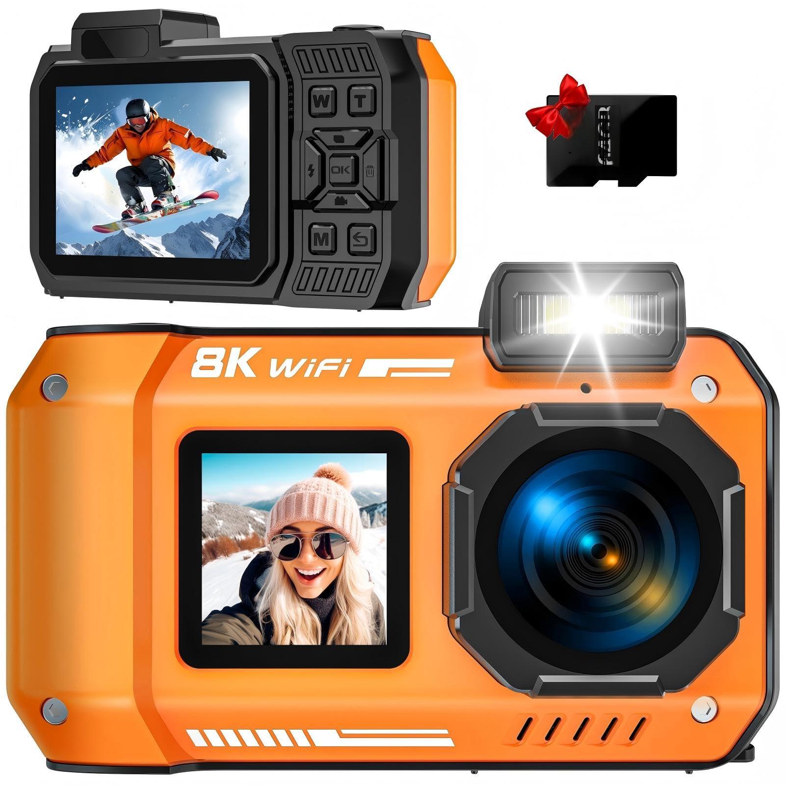 tupsio 8K UHD 70MP Digital Camera with 32GB Card Rugged Waterproof Dustproof Shockproof 33FT Underwater Camera Dual-Screen Selfie for Snorkeling Autofocus Point and Shoot Digital Camera (Orange)