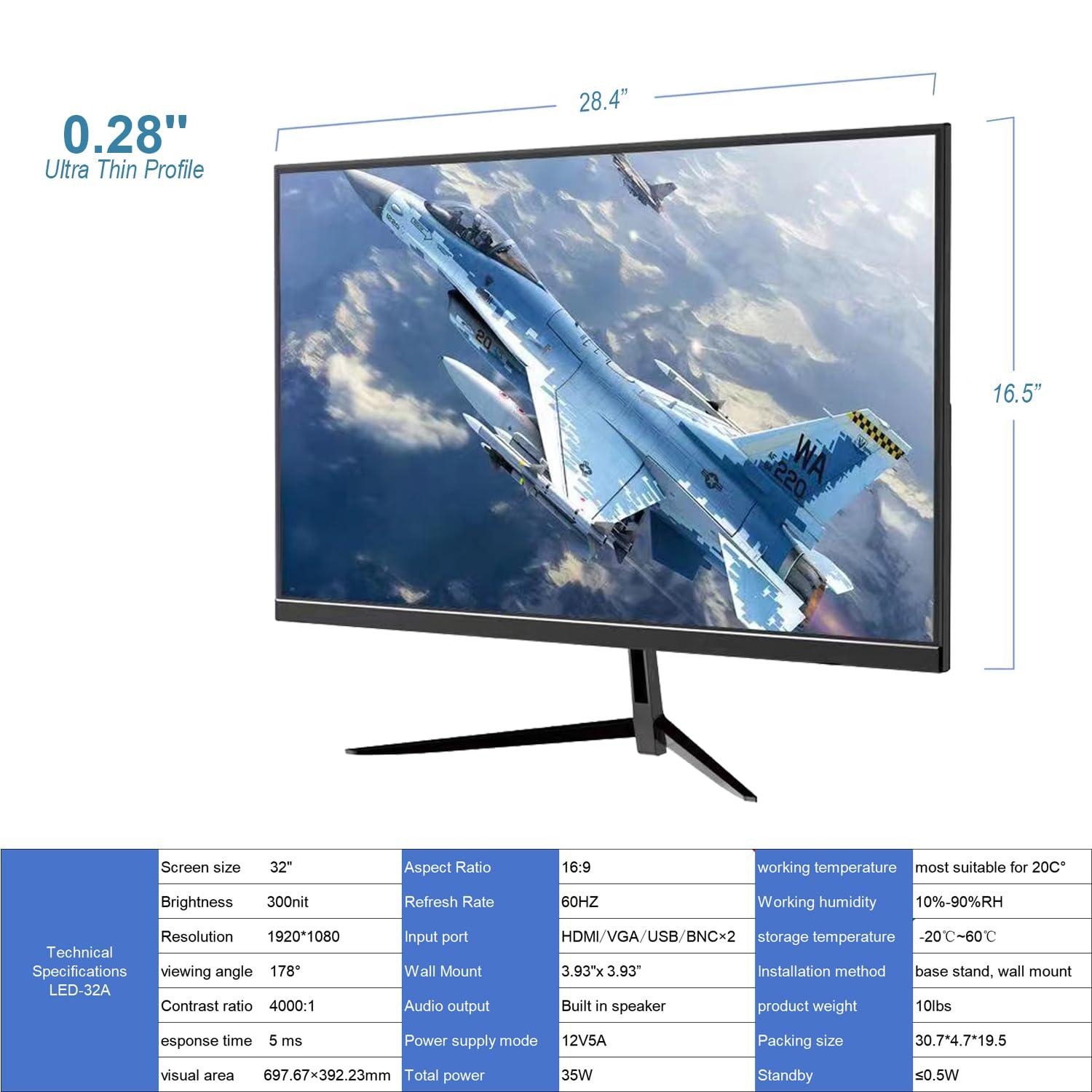 Real HD 32 Inch FHD 1080P CCTV Security Monitor, Thin LED Screen Computer Monitor, 60Hz Refresh Rate with HDMI VGA BNC and Audio, Compatible with 4K, for Surveillance NVR/DVR System