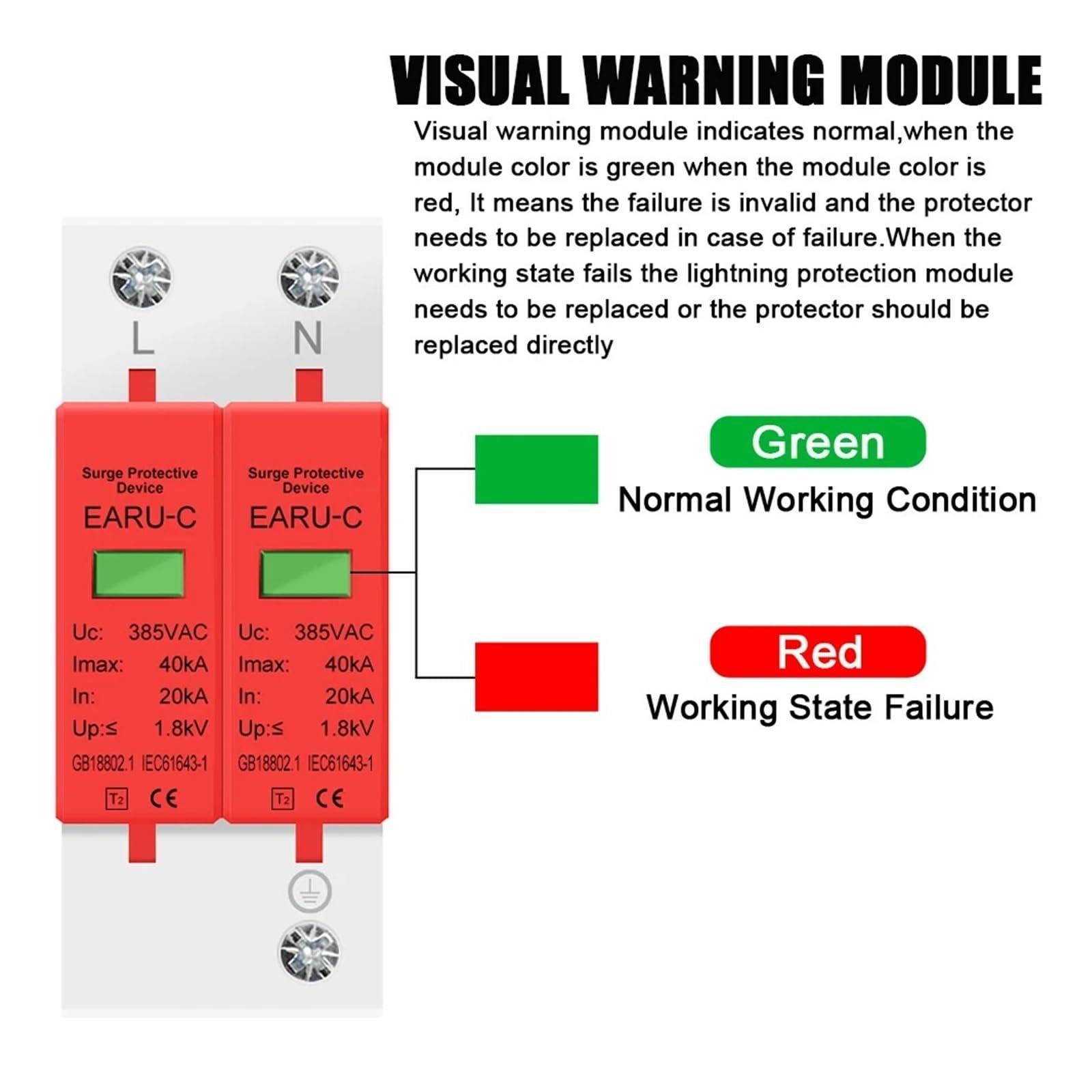 SHIHUANI SHIHUANI Surge Arrester Protective Lightning Protector AC 385V SPD 1P 2P 3P 4P 20KA 30KA 40KA 60KA House Lightning Surge Protector Protective Solar PV Low-Voltage Arrester Device(2P,AC385V 20-40KA)