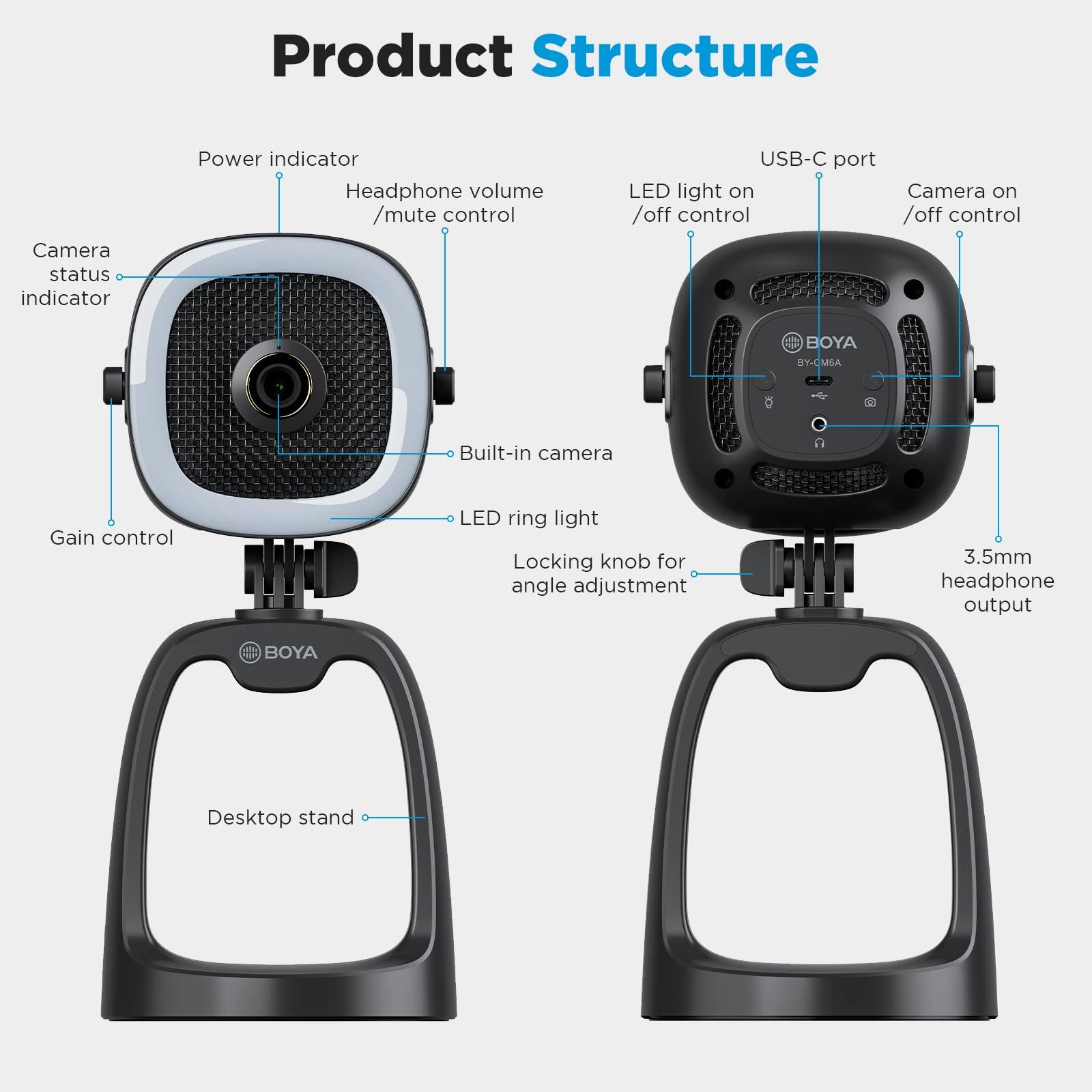 BOYA BOYA USB Condenser Microphone for Streaming Gaming PC Podcast Mic With1080P HD Camera and Fill Light for YouTube Studio Music Recording Singing Video for Windows Mac Laptop Desktop Mac Phones BY-CM6A