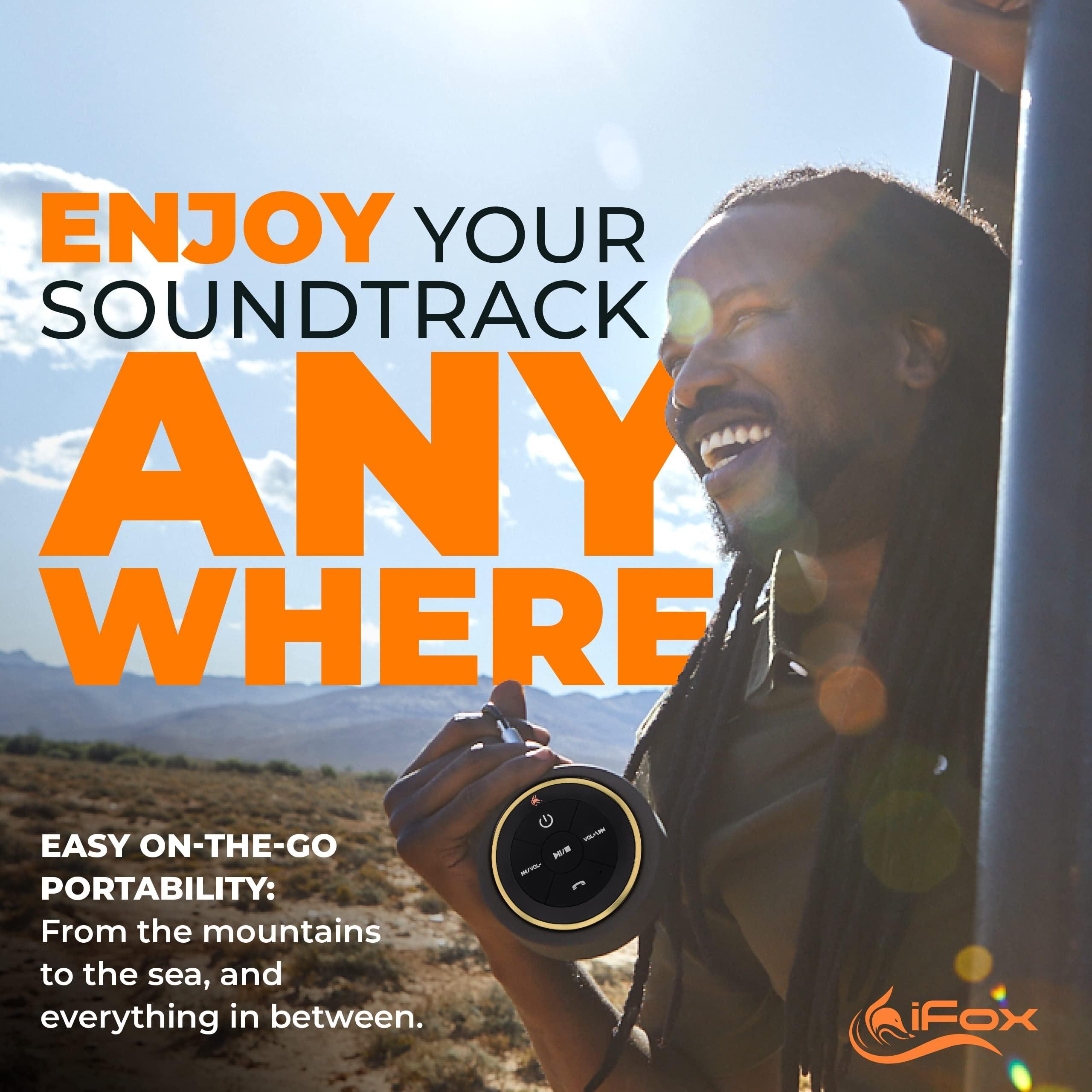 iFox Creations iFox Portable Bluetooth Shower Speaker, IPX7 Waterproof Outdoor Wireless Speaker, Built-in Mic, Carabiner, Beach, Camping, Hiking, Pool, Great Gift, Black/Gold