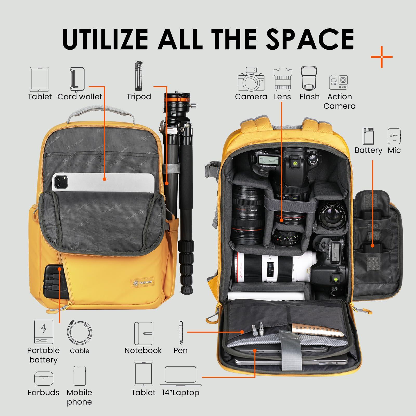 TARION TARION Camera Backpack Waterproof Bag - DSLR Camera Bag with 14in Laptop Compartment Rain Cover, Professional Travel Photography Backpack for Photographers, SLR, Camera Lens, TR-L, Yellow