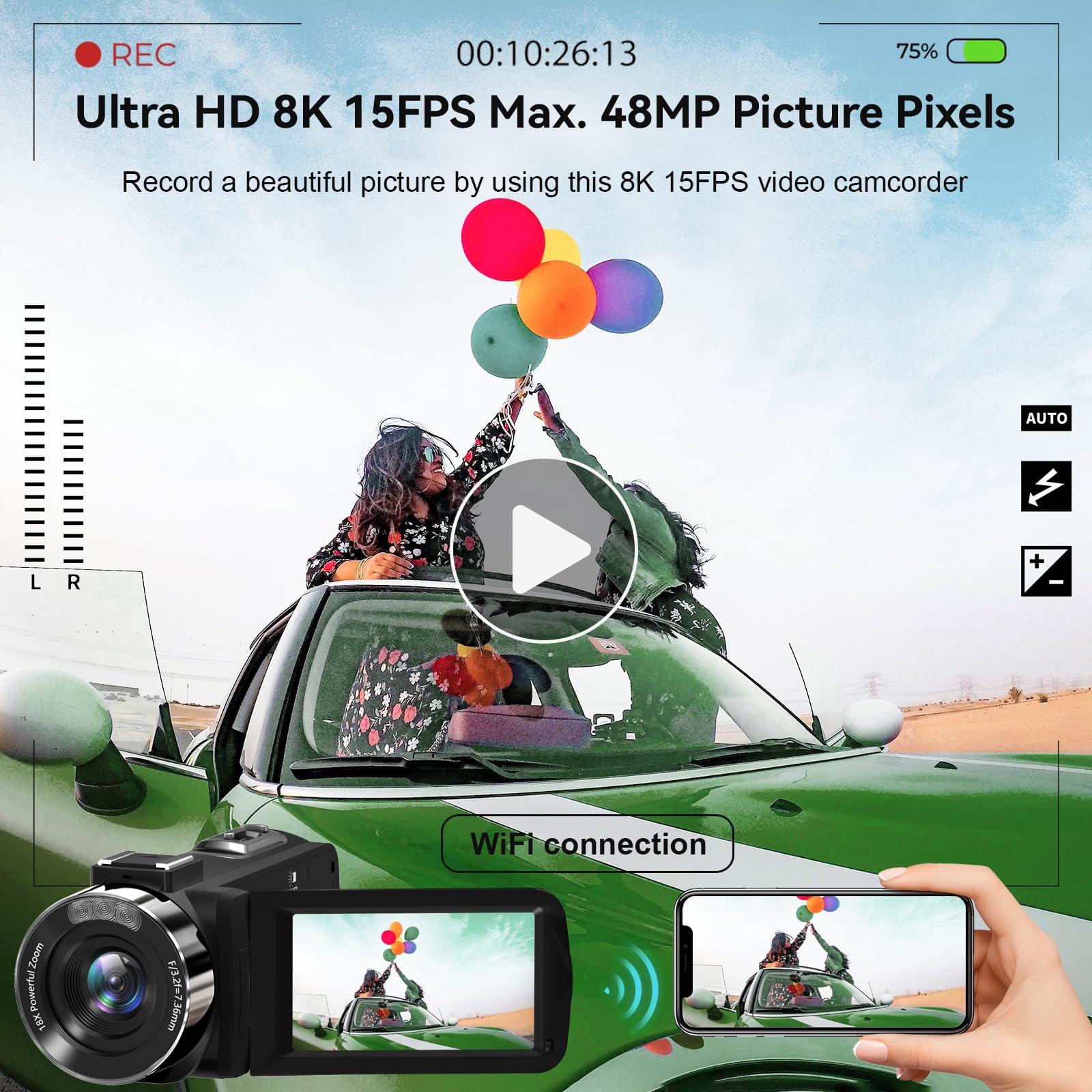 MURAUX Video Camera, 8K Camcorder 48MP 15FPS UHD WiFi Vlogging Camera with IR Night Vision for YouTube, 3" Touch Screen 18X Digital Zoom, with Fill Light, Mic, Stabilizer, Lens Hood, Remote and 2 Batteries