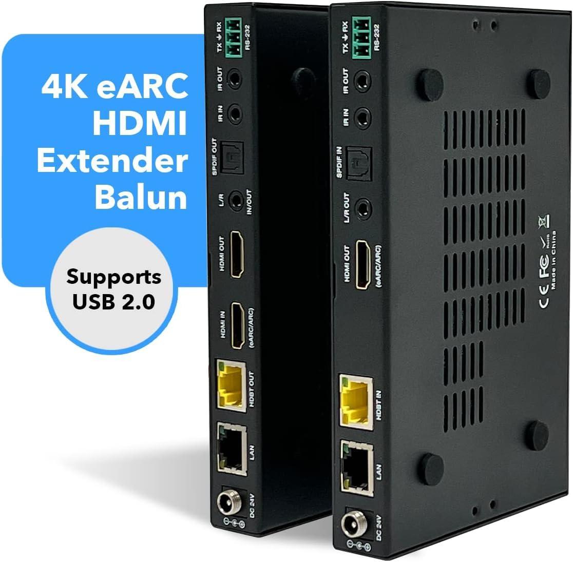 OREI OREI 4K eARC HDMI Extender Balun HDBaseT 3.0 UltraHD 4K @ 60Hz 4:4:4 Over Single CAT5e/6/7 Cable with HDR, LAN, ARC & IR Support, RS-232 Up to 330 Ft Audio Out - Power Over Cable - LAN Out