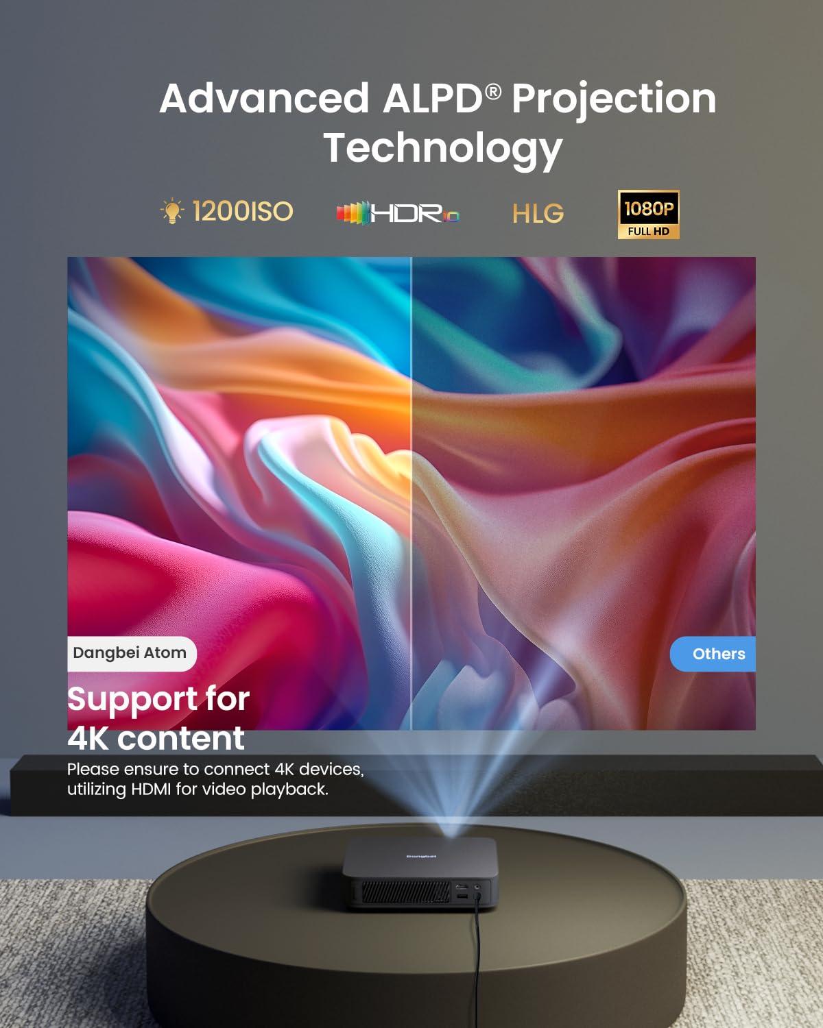Dangbei Dangbei Atom Laser Projector, 1200 ISO Lumens, 3D Ready, Official Netflix, 1080p HD with 4K HDR Input, 180" Display, HDR10, 2x5W Dolby Audio Speakers, Home Theater Projector with WiFi and Bluetooth