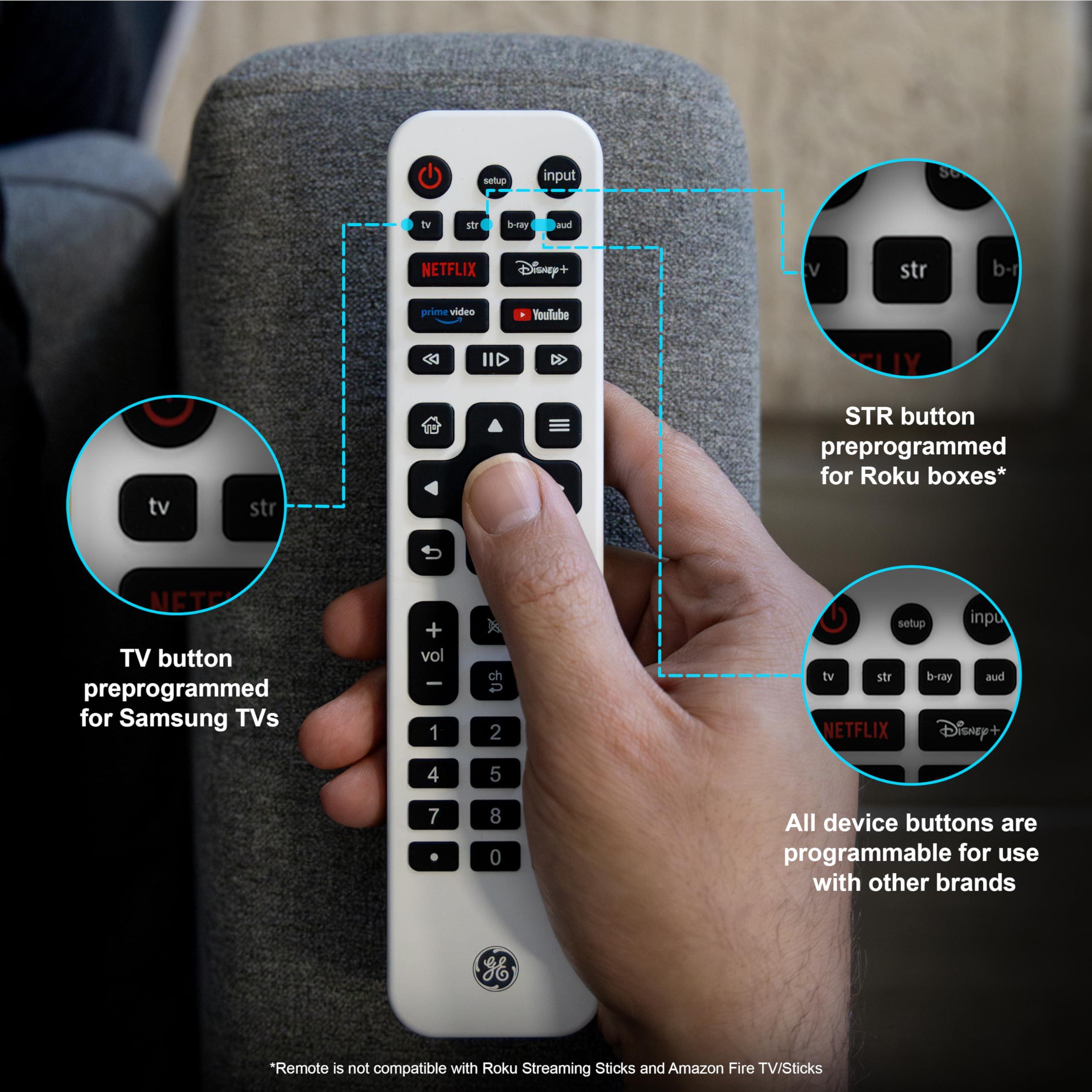 GE GE Rechargeable TV Remote Control, Universal Remote Control, Backlit Buttons, Samsung TV Remote Control Replacement for Smart TVs, Apple TV, Sony, Roku Replacement Remote, LG TV, 4-Device, 80984